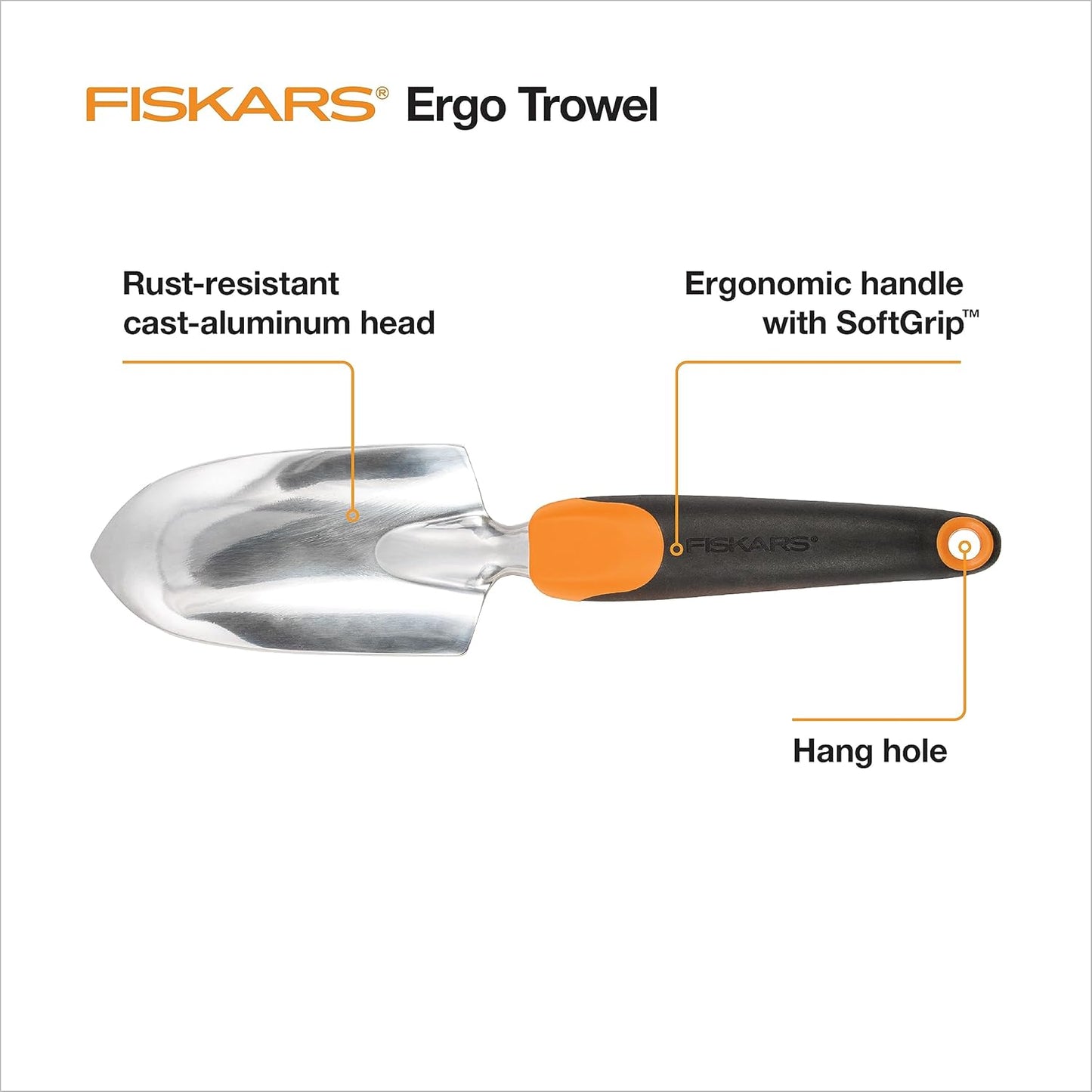 Fiskars Ergo Garden Trowel for Digging and Planting, Heavy Duty Gardening Hand Tool with Hanging Hole - Cart Shape
