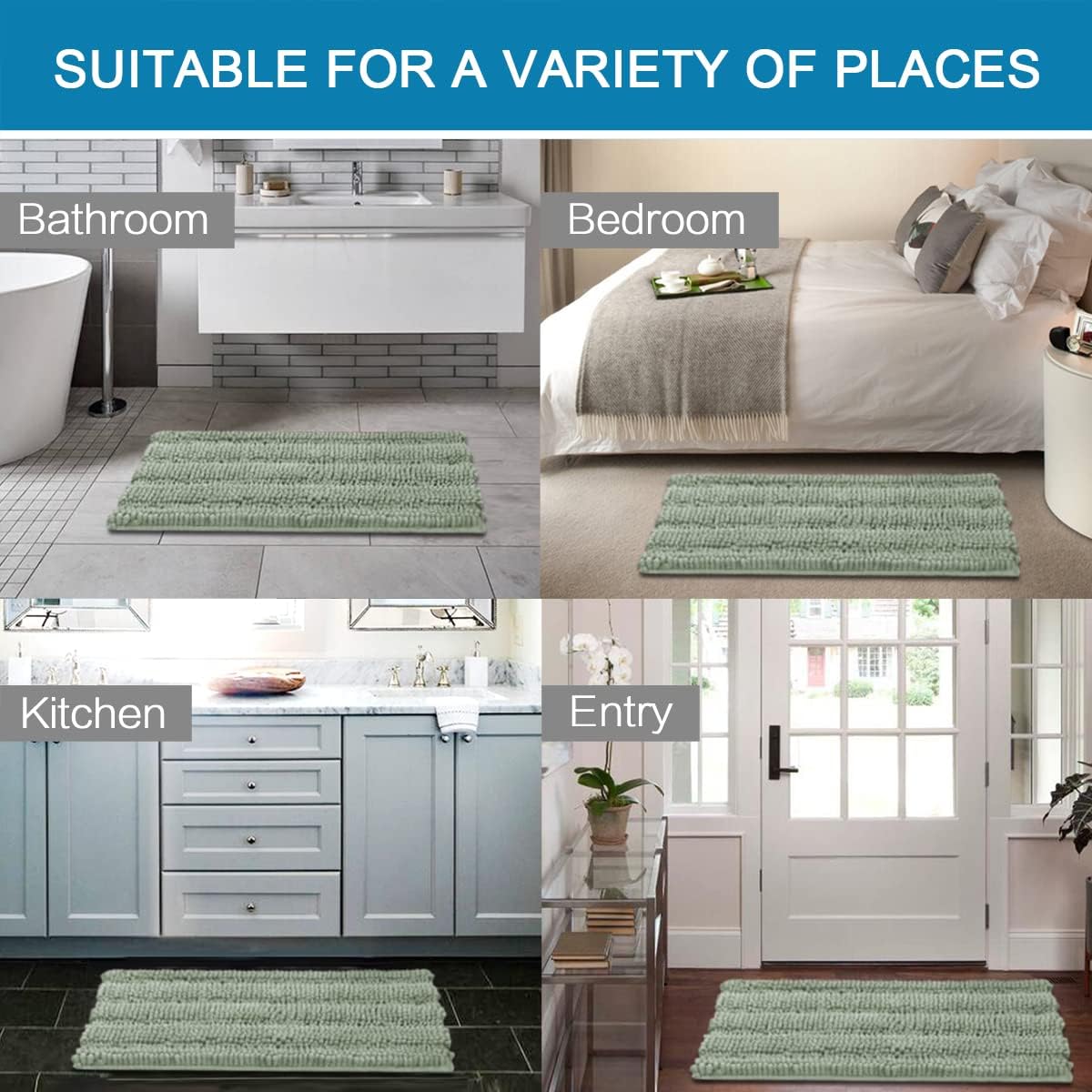 H.VERSAILTEX Sage Bathroom Rugs, Bath Mat Set of 2 Extra Thick Chenille Striped Pattern Shaggy Bath Rugs for Bath Room, Non Skid Bath Mats for Bathroom Floor (32 x 20 Plus 24 x 17 - Inches)