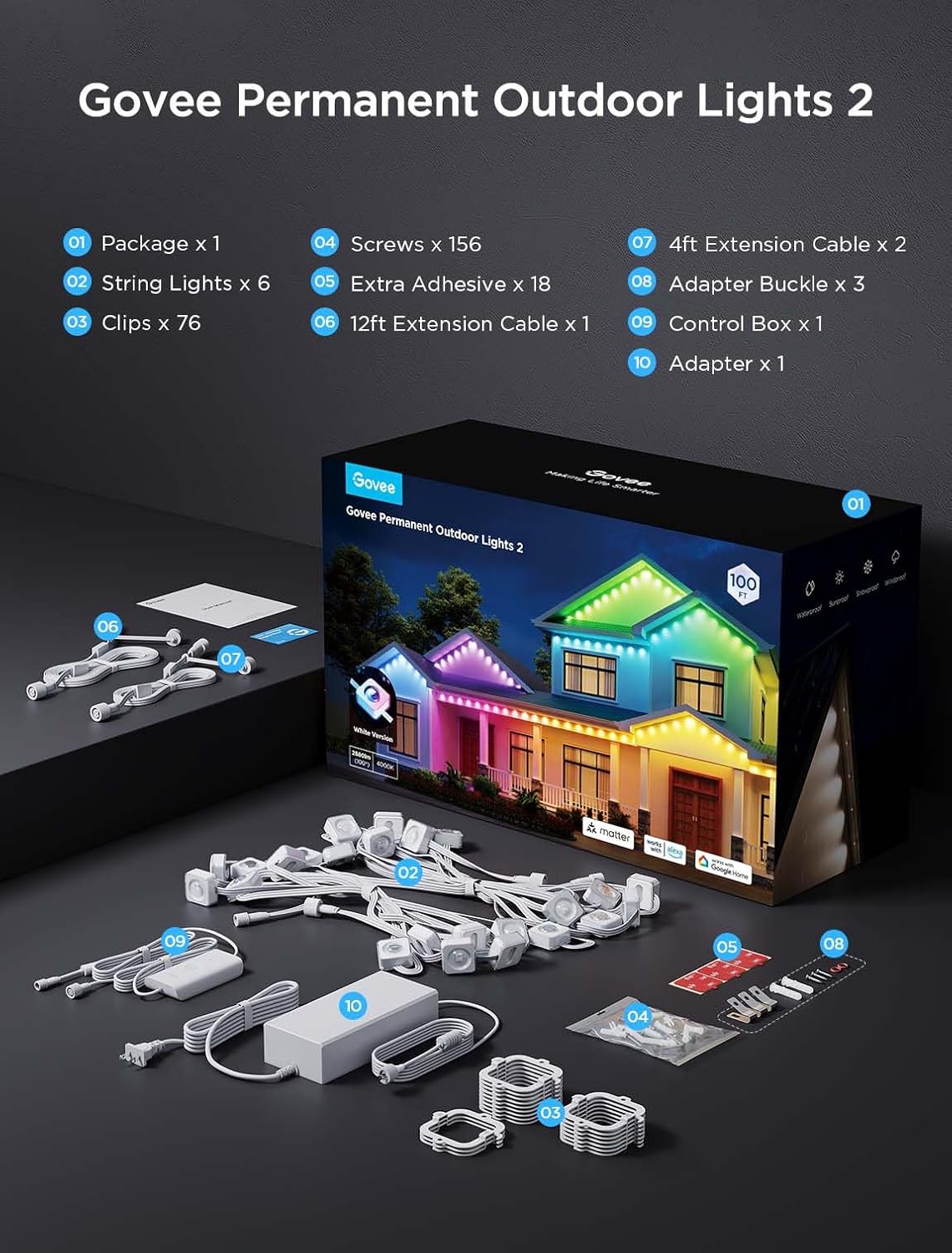 Govee Permanent Outdoor Lights 2, 100ft RGBIC Outdoor Lights with 72 LED Lights, IP67 Waterproof, 100 Scene Modes with 40lm White for Outdoor Decorations, Works with Alexa, Google Assistant, White