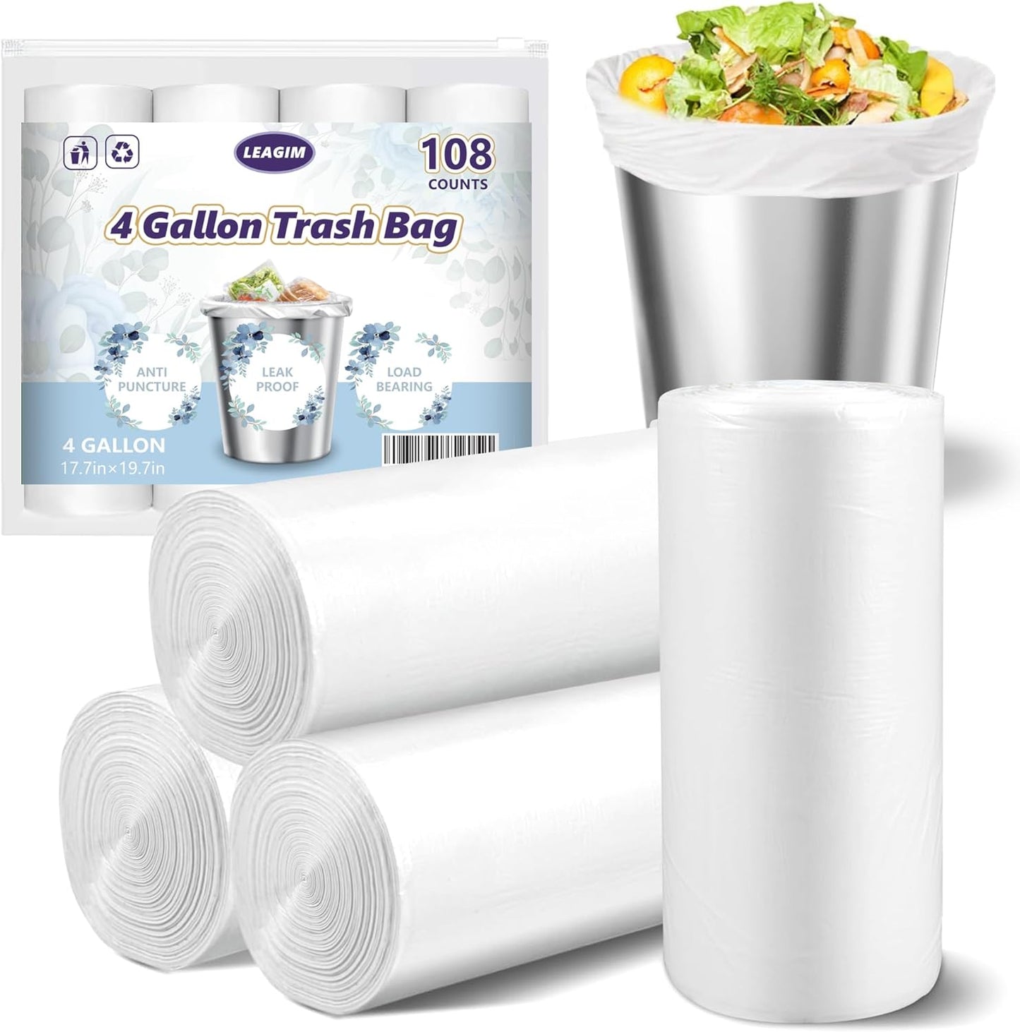 Small Trash Bags 4 Gallon - 108 Count Leakage-Proof 4 Gallon Trash Bag, Small Garbage Bags for Office Bedroom Bathroom Mini Trash Bags, Unscented White 15L Small Trash Can Liners