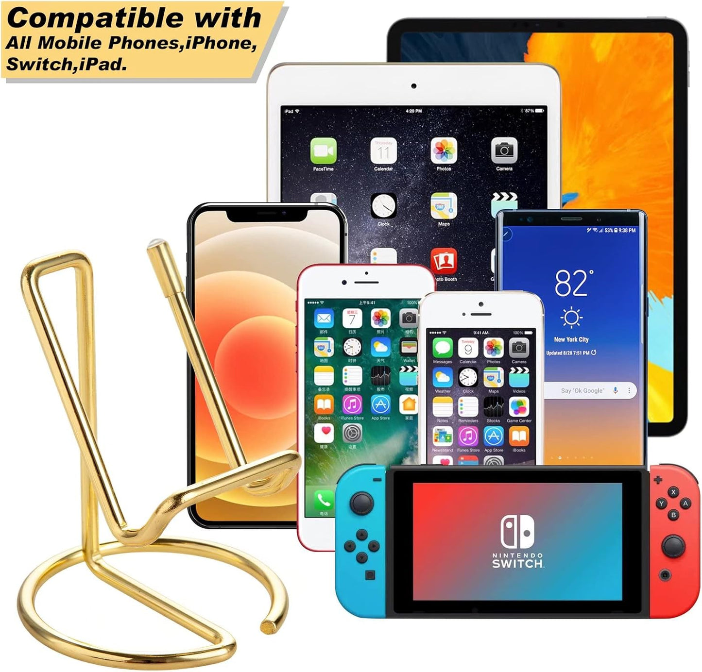 Cell Phone Stand for Desk, Cute Metal Gold Cell Phone Stand Holder Desk Accessories, Compatible with All Mobile Phones, iPhone, Switch, iPad