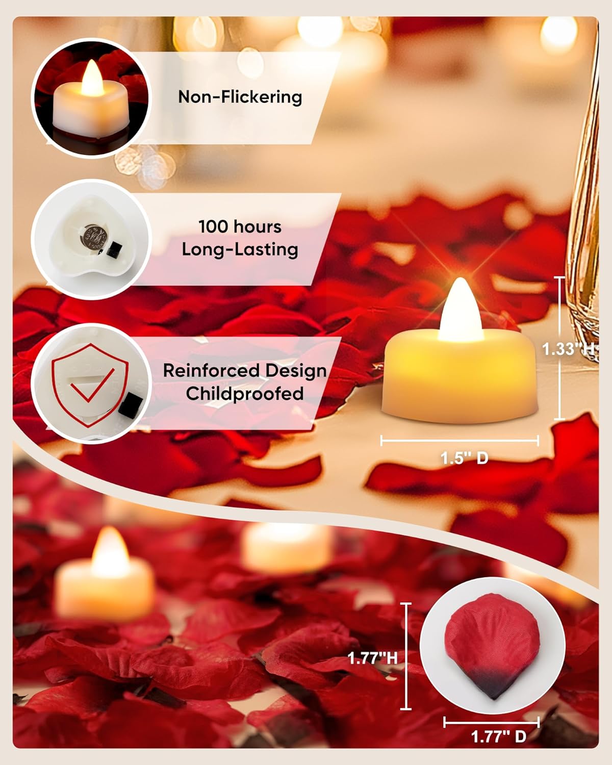 Amagic 1000 Pieces Artificial Rose Petals with 12 Heart LED Tea Lights Candles Kit, Rose Petals and Candles Set for Proposal, Anniversary, Valentine's Day, Special Romantic Night, Wedding Table Decor