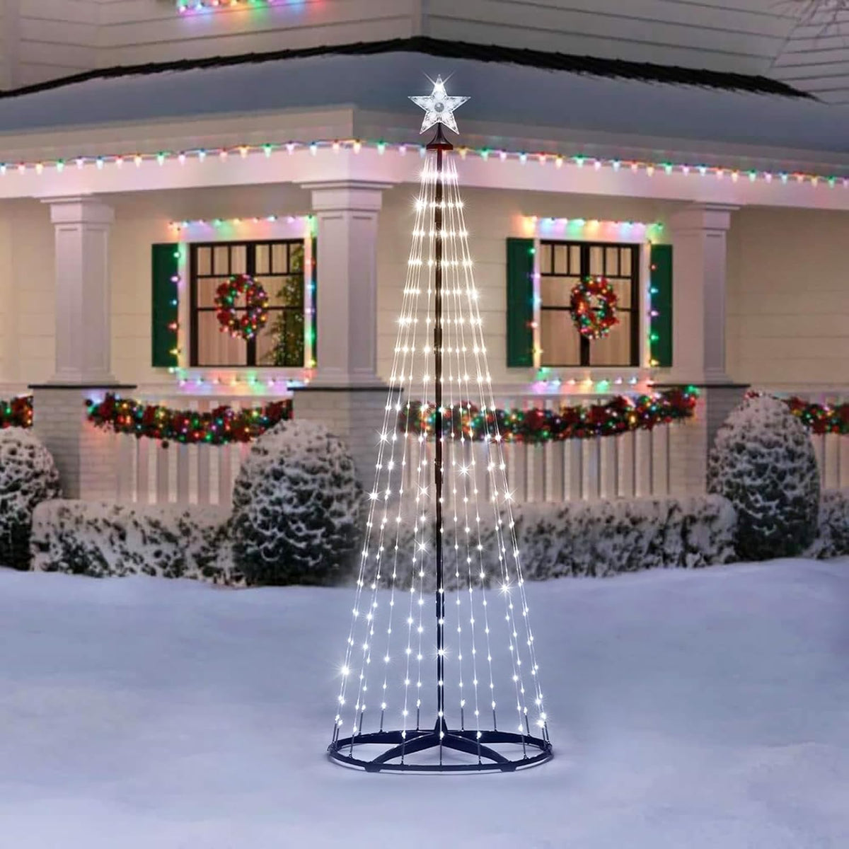 Christmas Outdoor Lighted Trees 7FT Prelit Christmas Cone Tree with 310 LEDs 8 Lighting Modes and Timer for Indoor Outdoor Xmas Porch Lawn