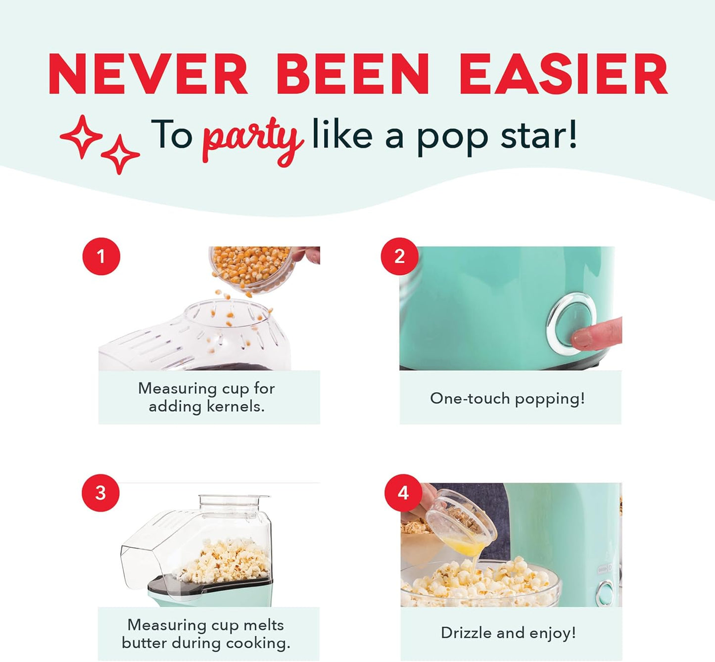 DASH Fresh Pop Popcorn Maker - Oil-Free, Air Popcorn Popper - With Measuring Cup & Recipe Guide - Perfect for Movie Nights - 16 Cups, Aqua
