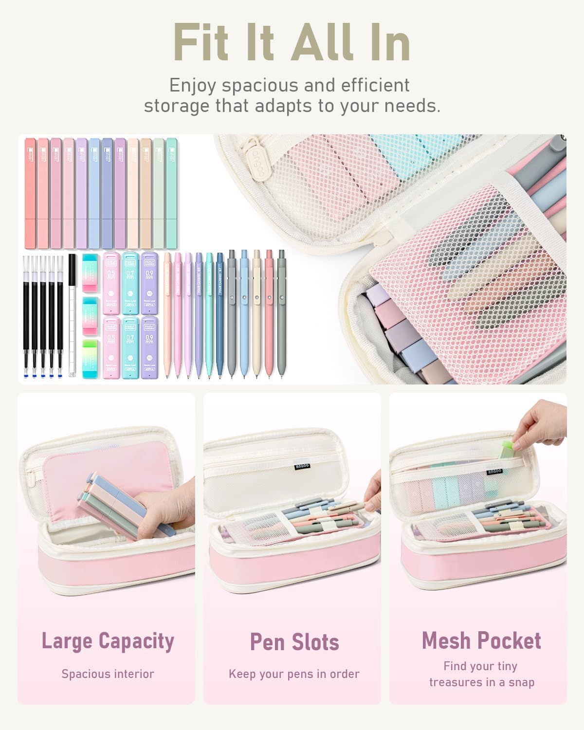 Four Candies 39 PCS Aesthetic School Supplies with Cute Pen Case, 12 Pastel Highlighters, 5 Black Ink Gel Pens, 6 Mechanical Pencils Set for Students Stationary College Essentials (Pink)