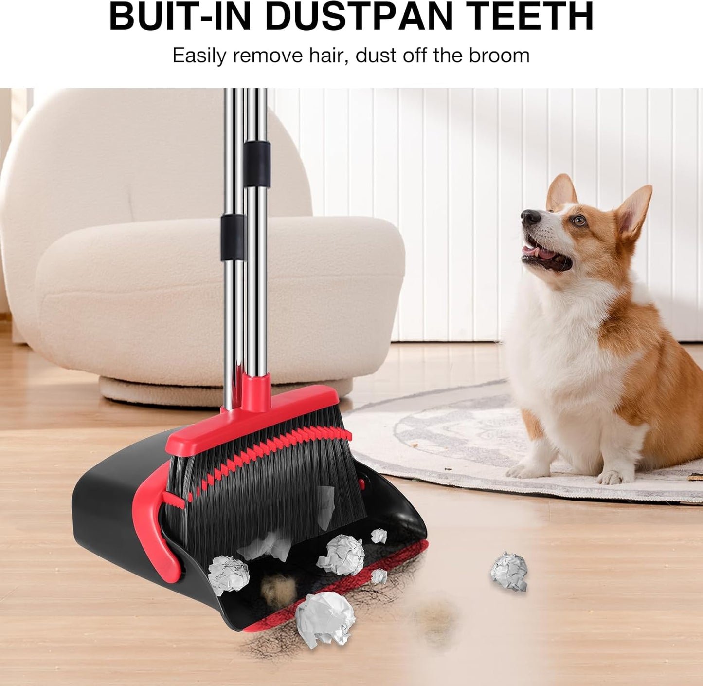 NACENA Broom and Dustpan Set, 52-in Long Adjustable Handle Broom Dustpan Combo with Dustpan Teeth to Automatically Clean Hair Suitable for Home Kitchen Office Hall Floor(Black&Red)