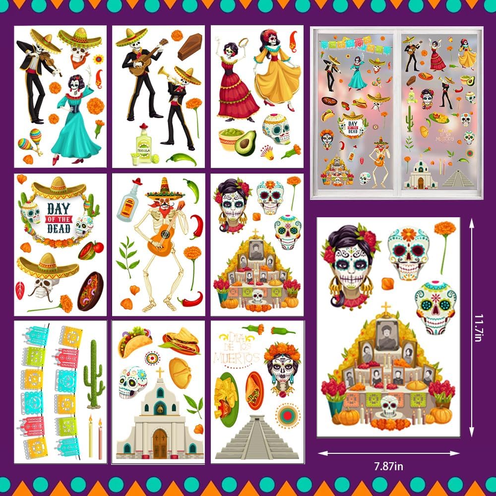9 Sheets Halloween Window Clings, Sugar Skull Flower Double-Sided Window Stickers Reusable Static Day of The Dead Guitar Grave Window Decals for Mexican Dia De Los Muertos Decorations Party Supplies