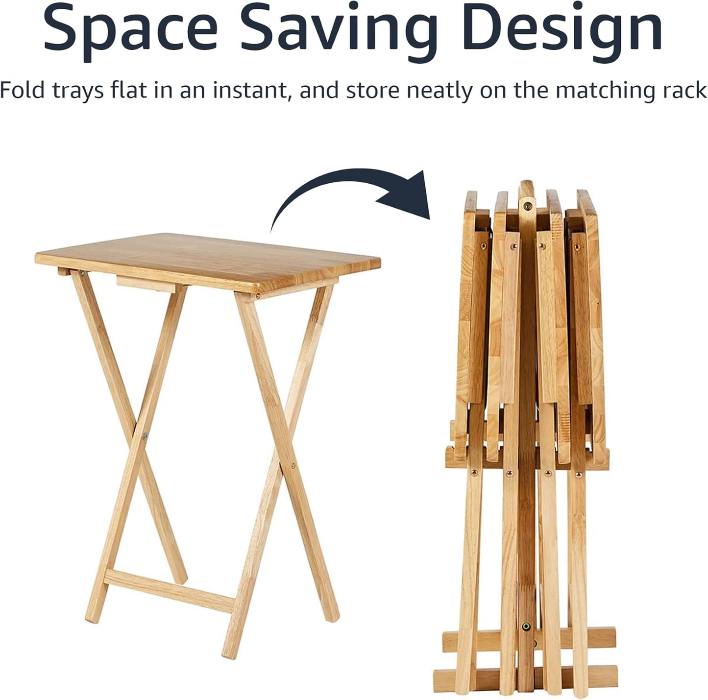 Foldable TV Dinner Tray Table with Storage Rack, 14.6 L x 19 W x 26 H inch, Natutral, 4-Pack