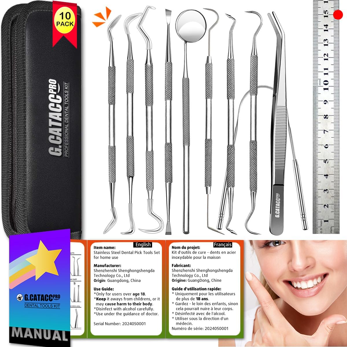 G.CATACC 10 Pack Dental Tools, Professional Plaque Remover for Teeth Cleaning Tools Set, Stainless Steel Hygiene Kit with Dental Pick Tooth Scraper Plaque Tartar Remover Tongue Cleaner - with Case