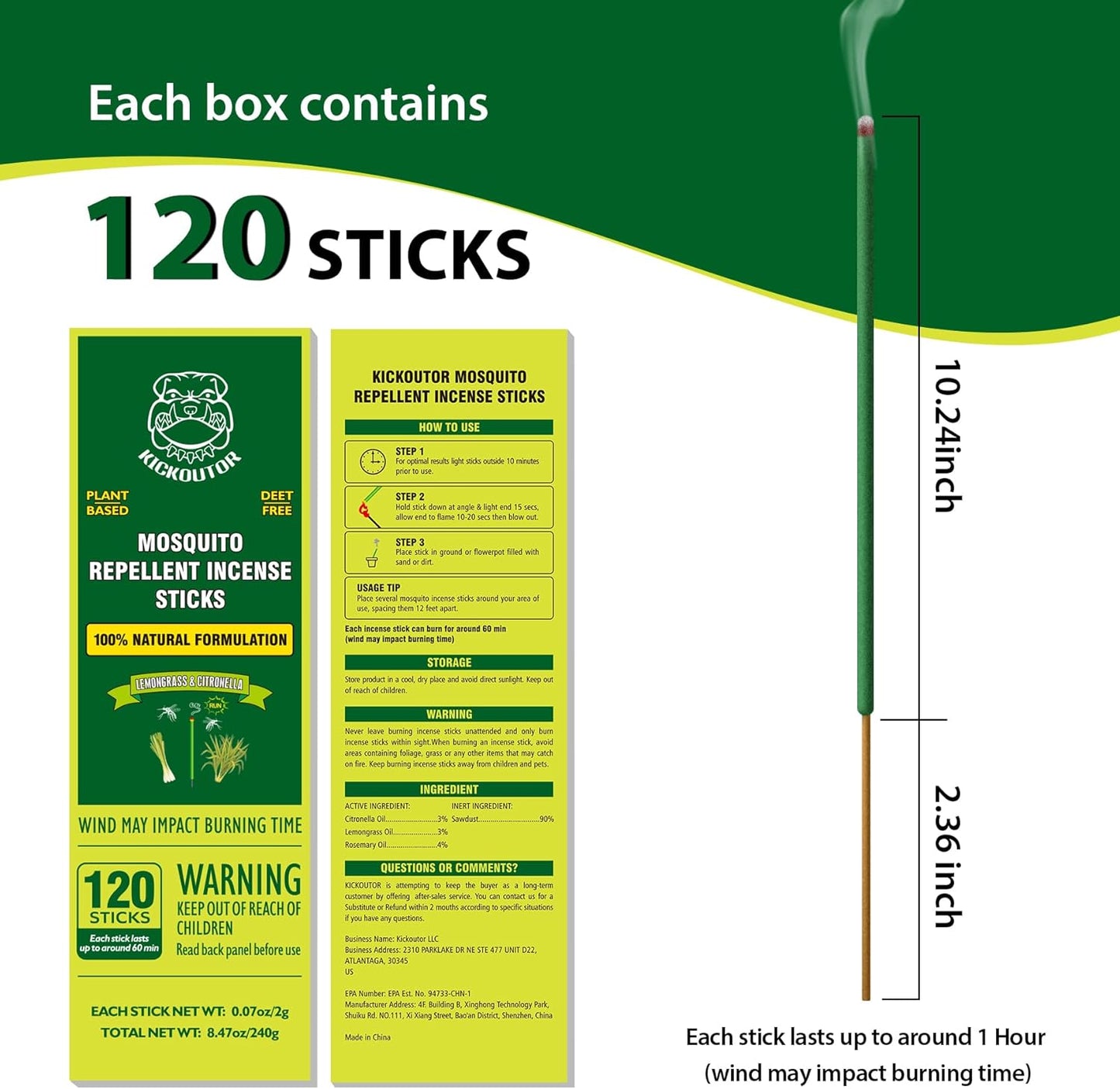 KICKOUTOR® Mosquito Repellent Outdoor Patio 120 PCS Citronella Oil Mosquito Incense Sticks Natural Organic Mosquito Barrier Mosquito Repeller for Backyard Travel Camping Indoors Gnat Mosquito Control
