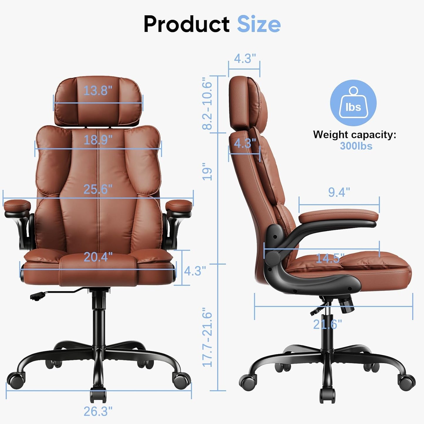 Executive Leather Office Chair, Computer Chair with Thick Cushion & Lumbar Support, Ergonomic Desk Chair with Adjustable Headrest & Armrests,Brown