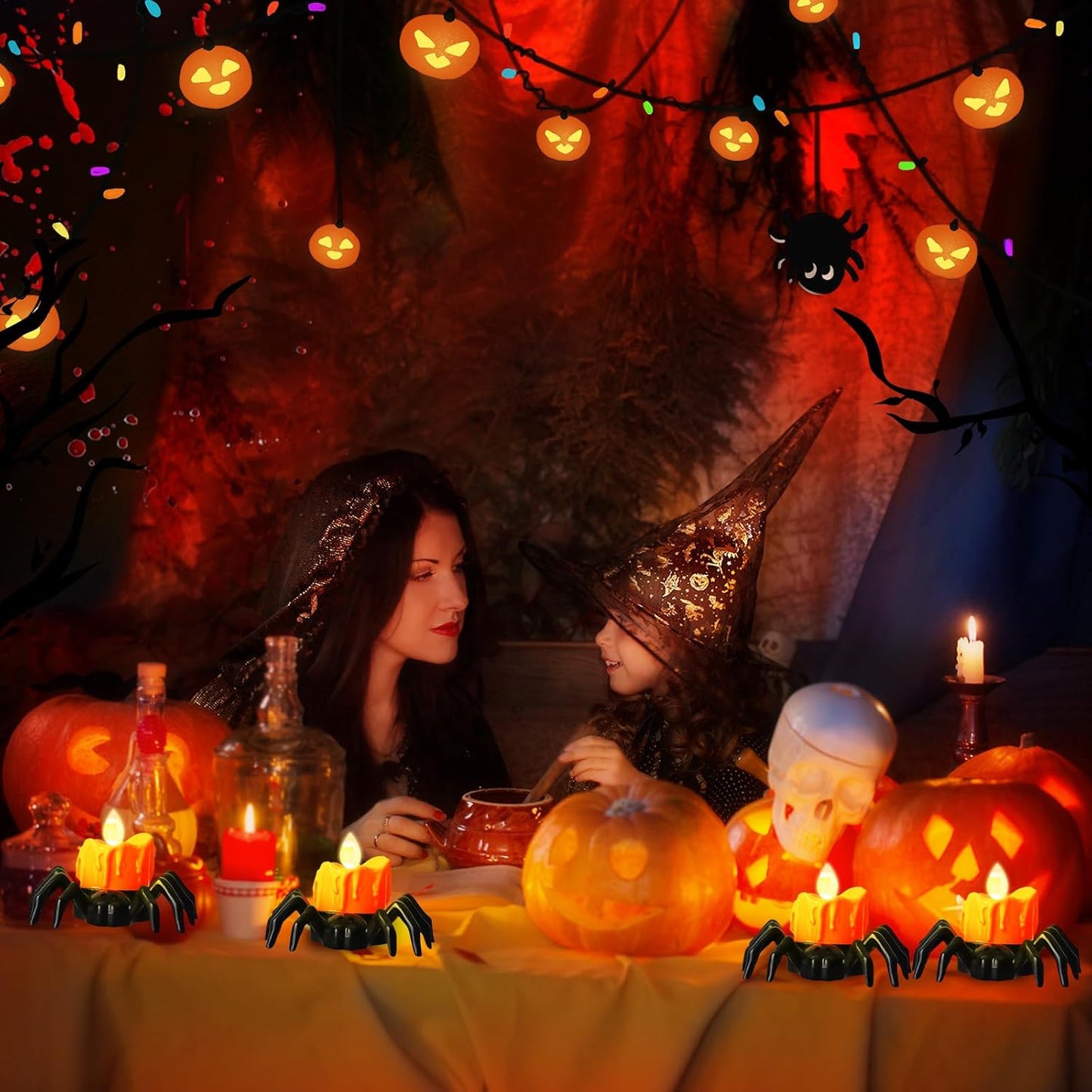 YBB 6 Pcs Halloween Spider Tea Lights, Novelty LED Flameless Spider Candle Holder Lights Battery Operated Orange Tea Lights for Halloween Party Table Home Spooky Decor