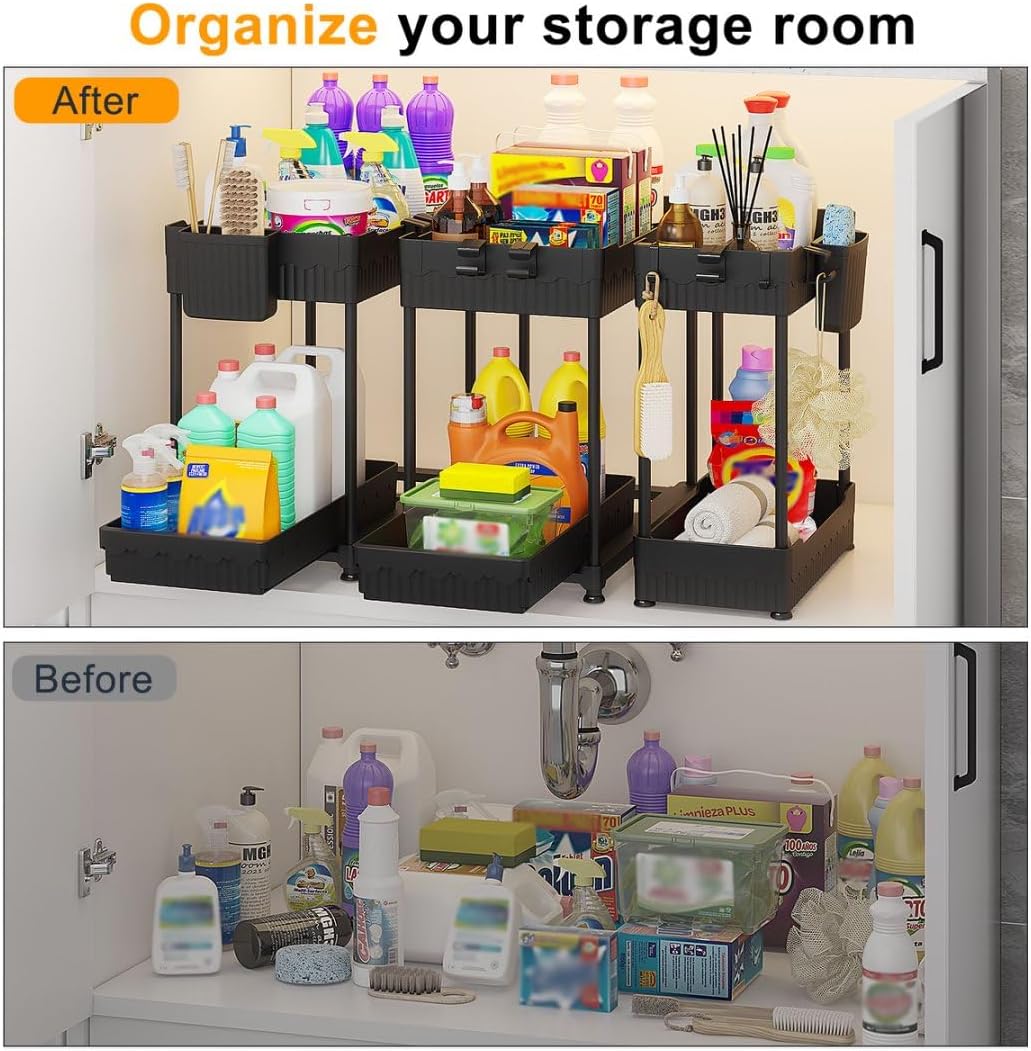 3 Pack Under Sink Organizers, 2-Tier Multi-Use Kitchen and Bathroom Organizers and Storage with Sliding Drawers,Bathroom Cabinet Organizer (Black, 12.8 Inch)