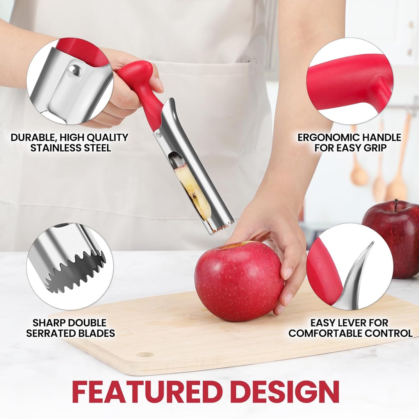 SCHVUBENR Premium Apple Corer Tool - Easy to Use and Clean - Sturdy Apple Core Remover with Sharp Serrated Blades - Stainless Steel Corers for Apple and Pear - Core Fruits with Ease(Red)