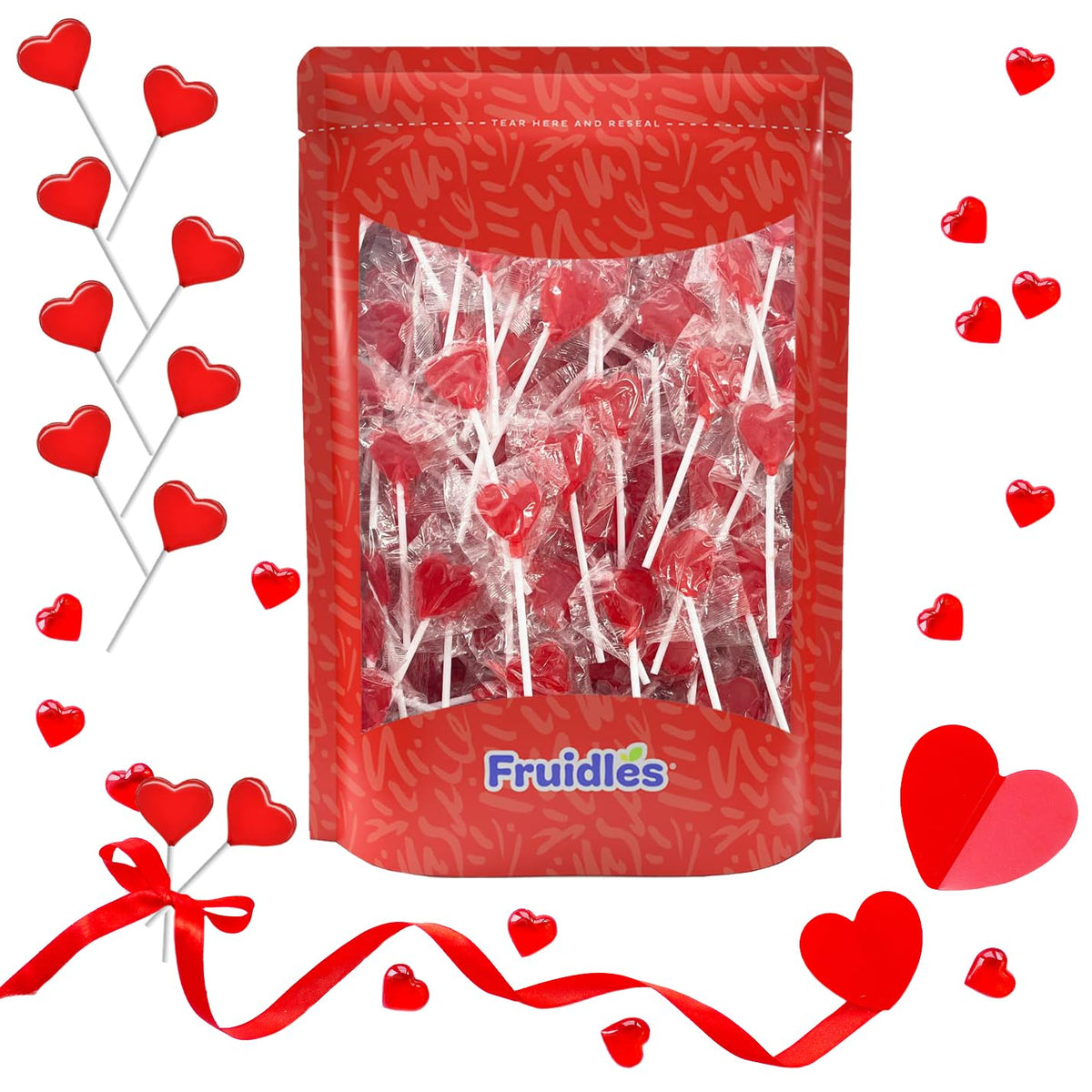 Fruidles Lollipops Mini Red Heart Shaped Strawberry Flavored Individually Wrapped, 5g 30 Lollipops Half-Pound