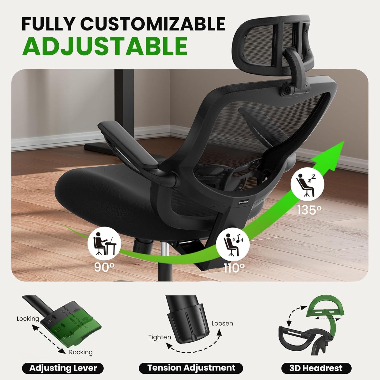 Ergonomic Office Chair Big and Tall - 6'5" Tall Max, 350Lbs Capacity Computer Desk Chairs Over 10 Hours Comfortable, with Adjustable Mesh High Back, Lumbar Support, 3D Headrest, Flip-up Arms