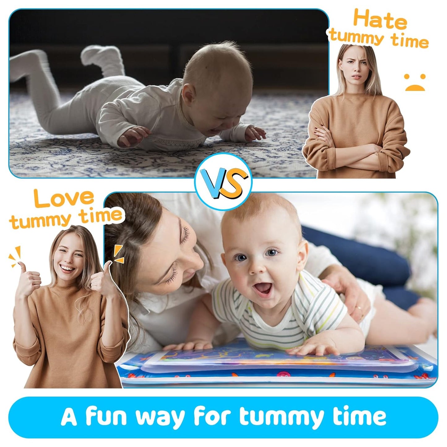 Comparison of a baby lying on its tummy and a baby being held by a woman with text 'Hate tummy time' vs 'Love tummy time'.