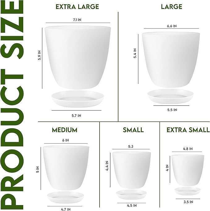 Utopia Home - Plant Pots Indoor with Drainage - 7/6.6/6/5.3/4.8 Inches Garden Flower Pots for Indoor Planter - 5 Pack White Plastic Planters - Ideal for Stocking Stuffers or Room, Office Home Decor