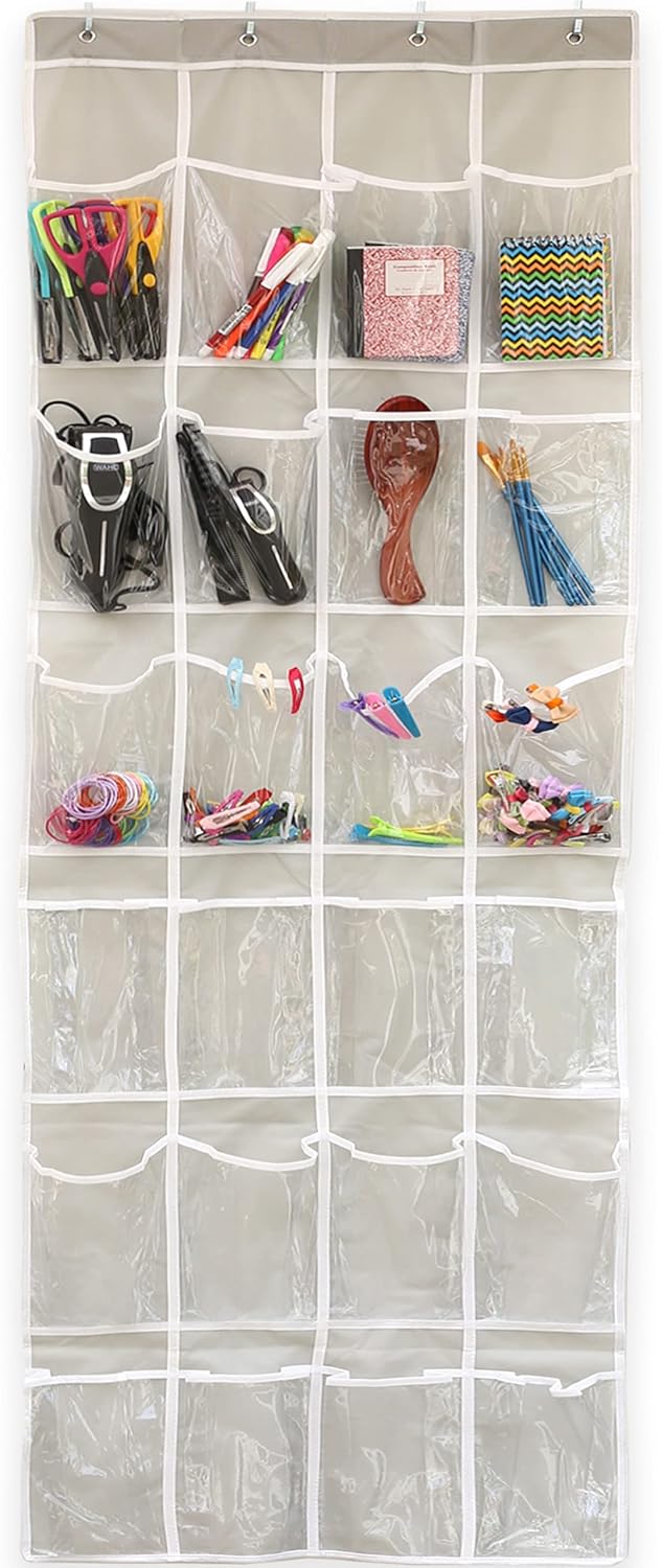 Simple Houseware 24 Pockets - Crystal Clear Over The Door Hanging Shoe Organizer, Gray (64'' x 19'')