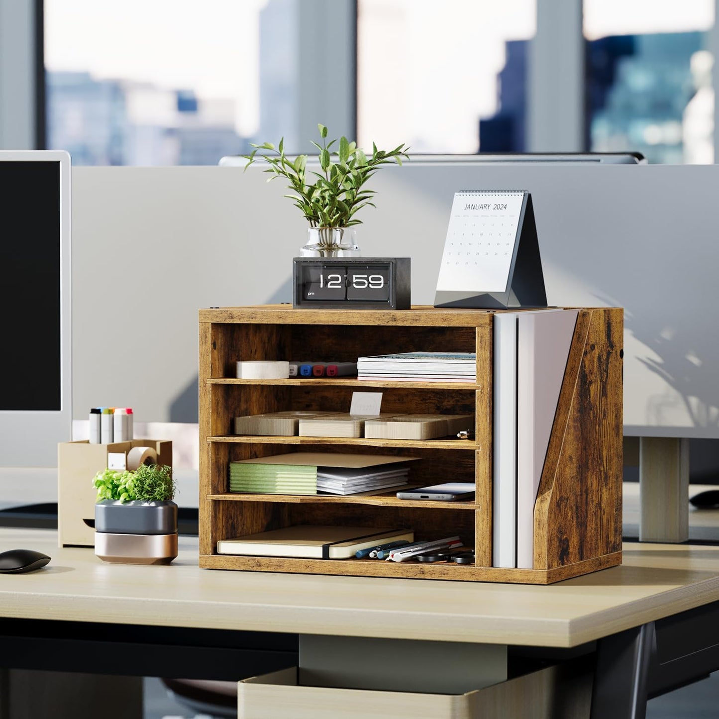 File Organizer Desktop, Wood Desk Organizer with 3 Adjustable Shelves, Mail Paper Sorter for Office, Home, File Holders for Envelopes, Mail Supplies or Magazines, Rustic Brown