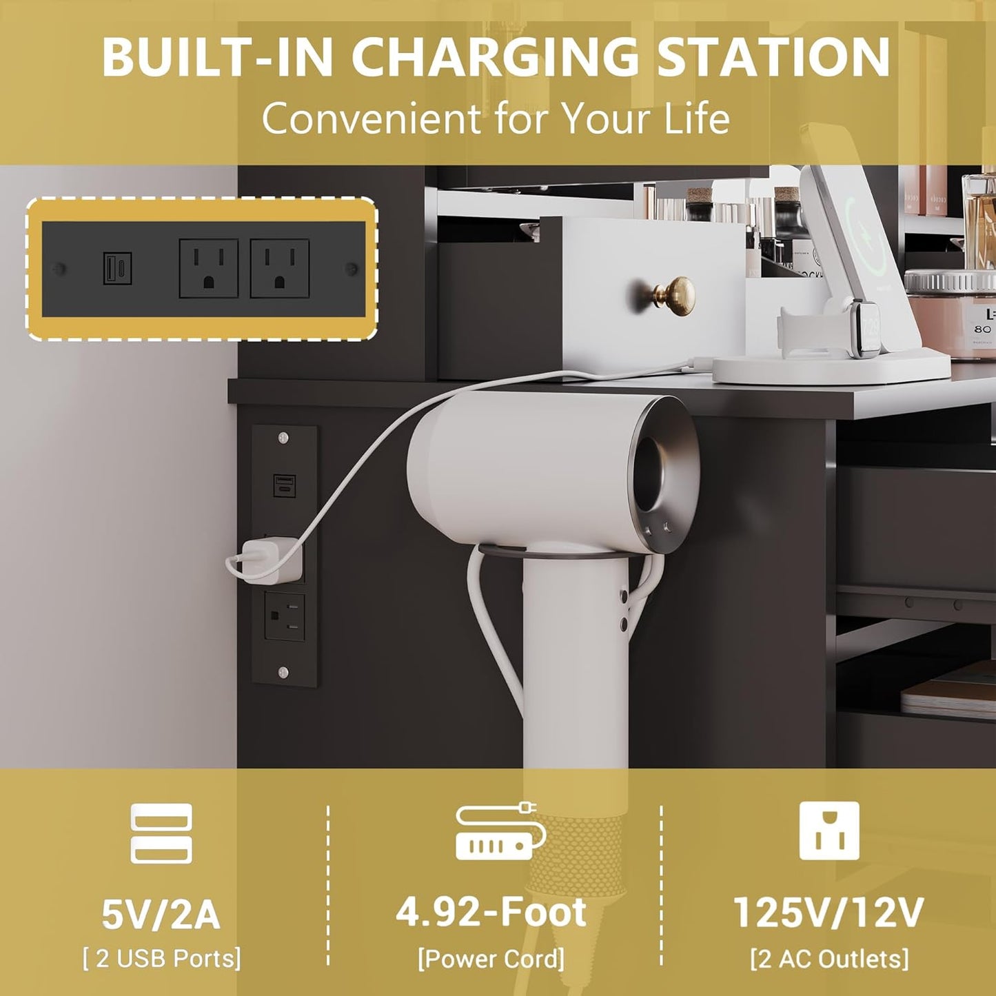 Makeup Vanity Desk with Mirror and Lights, Black Vanity Table Set with Storage Drawers, Charging Station, Cabinets & Chair, Large Dressing Table with RGB Ambient Light for Women Girls Bedroom Bathroom