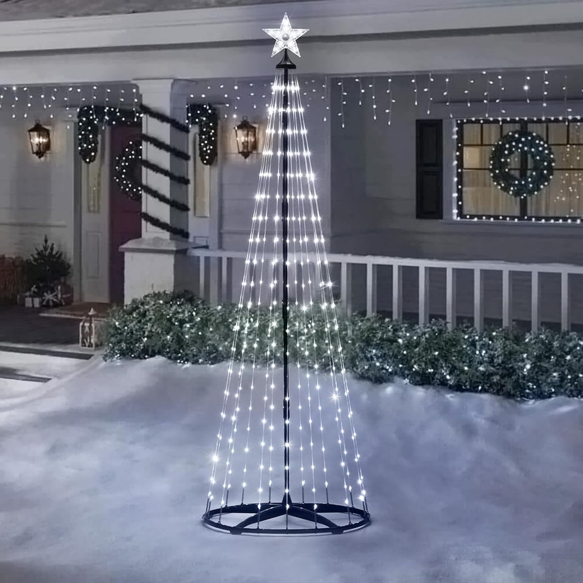 Christmas Outdoor Lighted Trees 7FT Prelit Christmas Cone Tree with 310 LEDs 8 Lighting Modes and Timer for Indoor Outdoor Xmas Porch Lawn