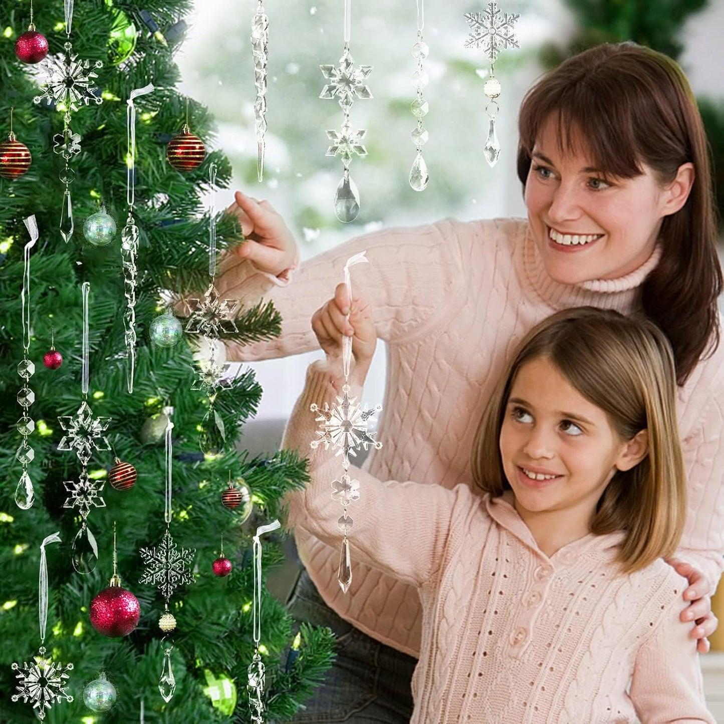 18PCS Crystal Christmas Ornaments – Clear Snowflake & Icicle Tree Decorations, Hanging Acrylic Ornaments for Xmas Tree, Winter Wedding, Holiday & New Year Party Décor