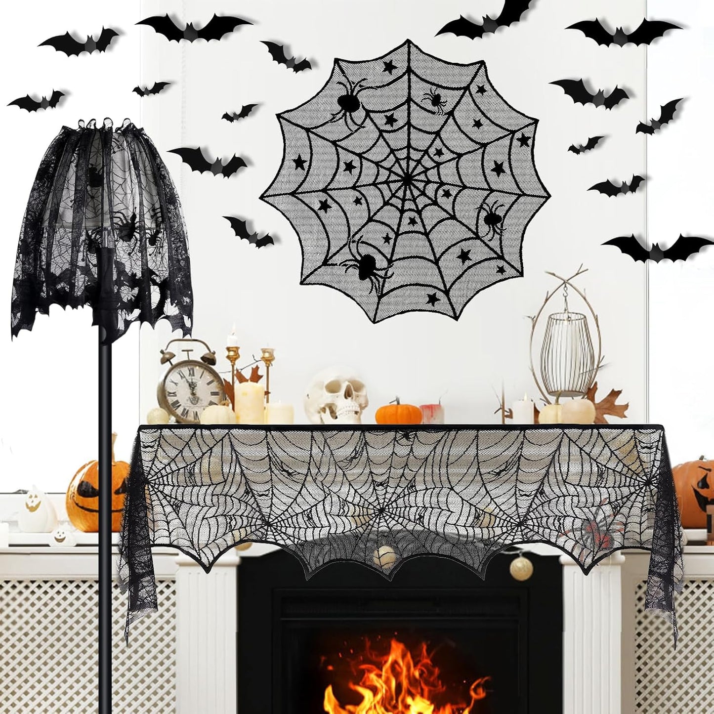5Pack Halloween Decorations Indoor Halloween Spider Web Tablecloth Table Runners Fireplace Mantel Scarf Cobweb Lampshade Scary 3D Bats for Halloween Spooky Home Decor