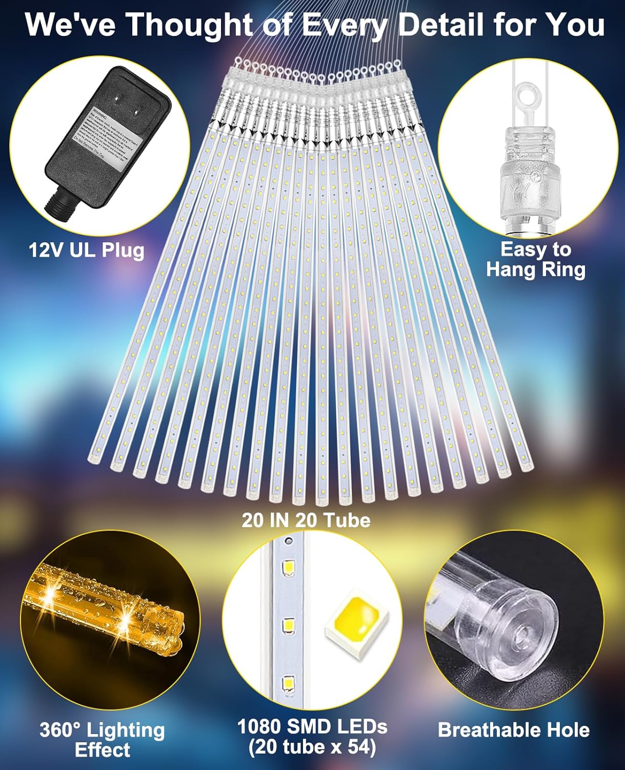 Meteor Shower Lights Outdoor Christmas Light UL Certified 20 Inch 20 Tubes 1080 LED Falling Rain Drop Lamp Snowfall Icicle Cascading String Lights for Xmas Holiday Tree Garden Decor, Warm White