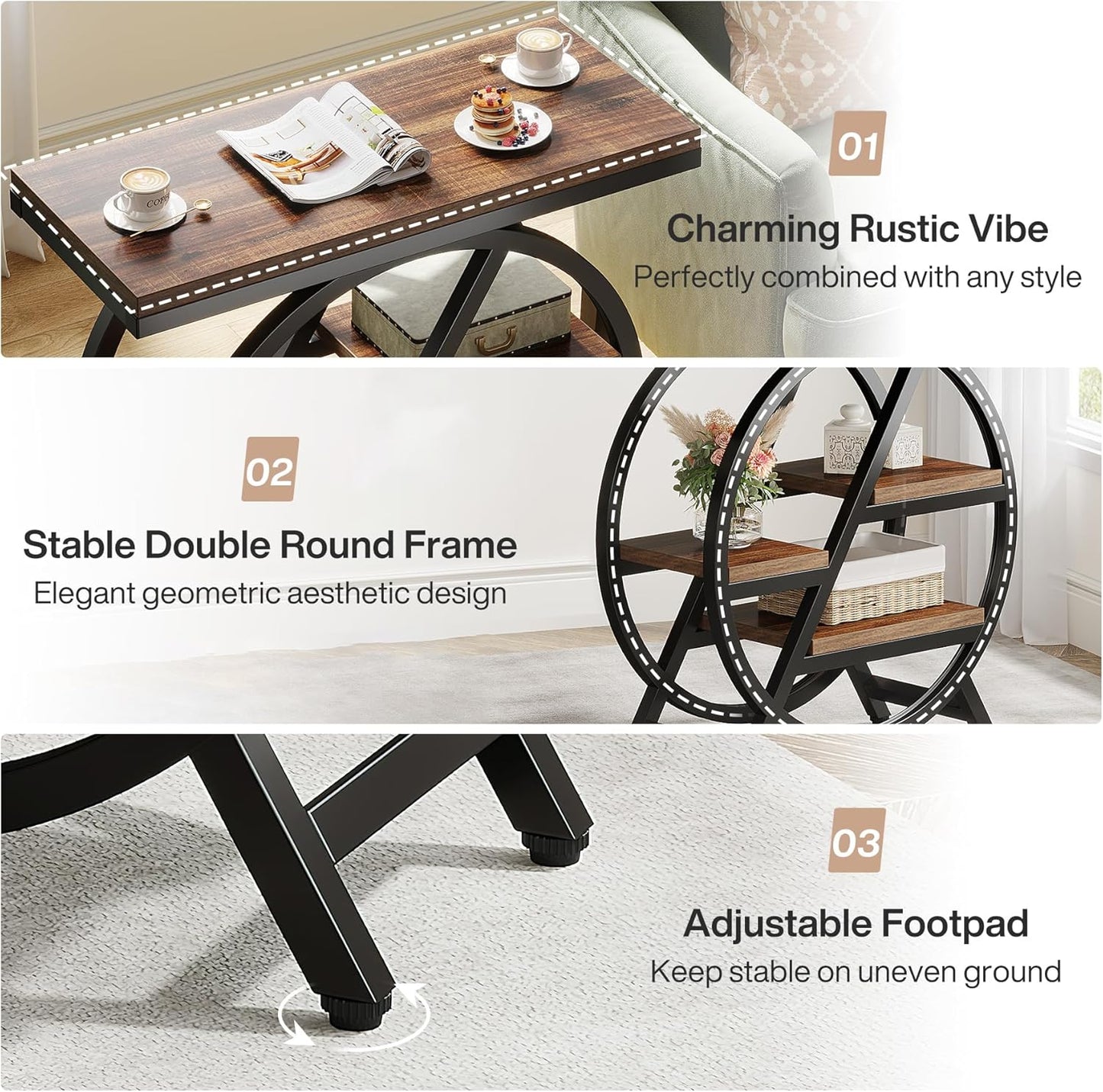Tribesigns End Table for Living Room, 3-Tier Narrow Side Table with Storage, Wood Sofa Side Table with Geometric Metal Frame, Industrial Nightstand and Bedside Table for Bedroom