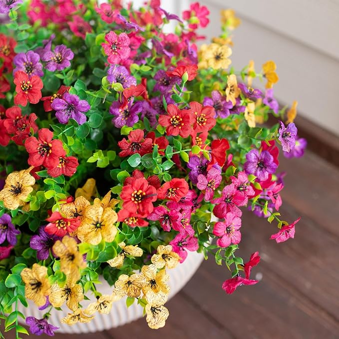Artificial Flowers for Outdoor Indoor Garden Home Decoration, Faux Flower Daisy with Eucalyptus Leaves Fake Plants Greenery Boxwood Porch Patio, 12 Bundles (Mix Pink Red Purple Yellow) - Cart Shape