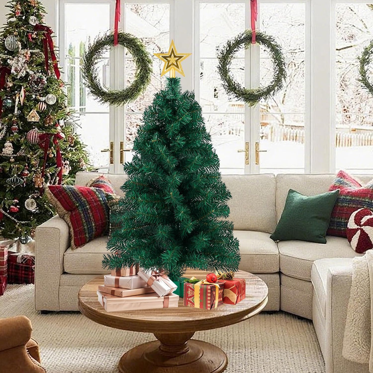 3ft Artificial Christmas Tree with Gold Tree Topper Star, Mini Xmas Pine Tree with 4-Leg Stable Plastic Base, Small Tabletop Christmas Decoration for Home Office Holiday Party Indoor Use