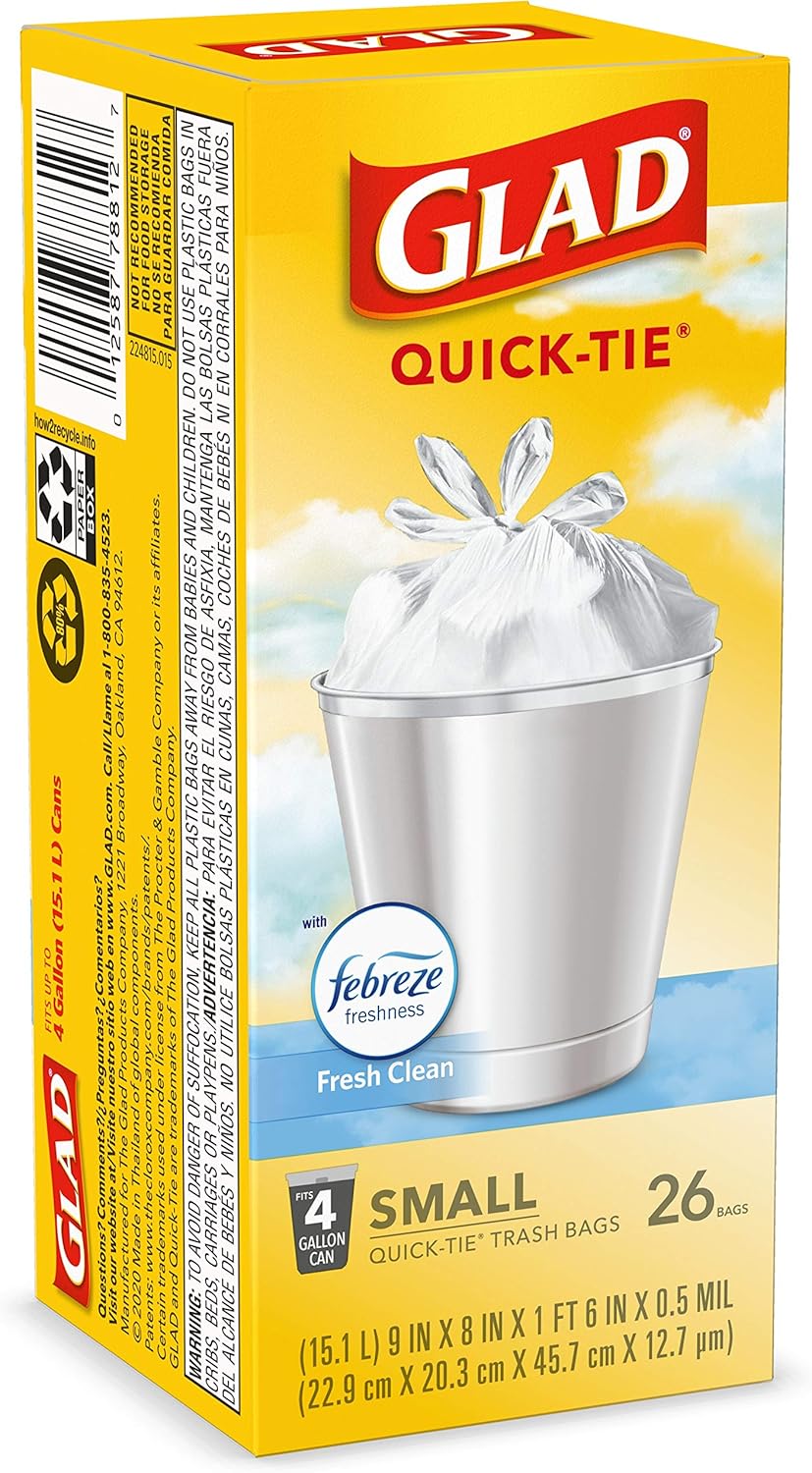 Glad Small Trash Bags 4 Gallon, Febreze Fresh Clean Garbage Bags, Odor Resistant with Quick Tie, 26 Count
