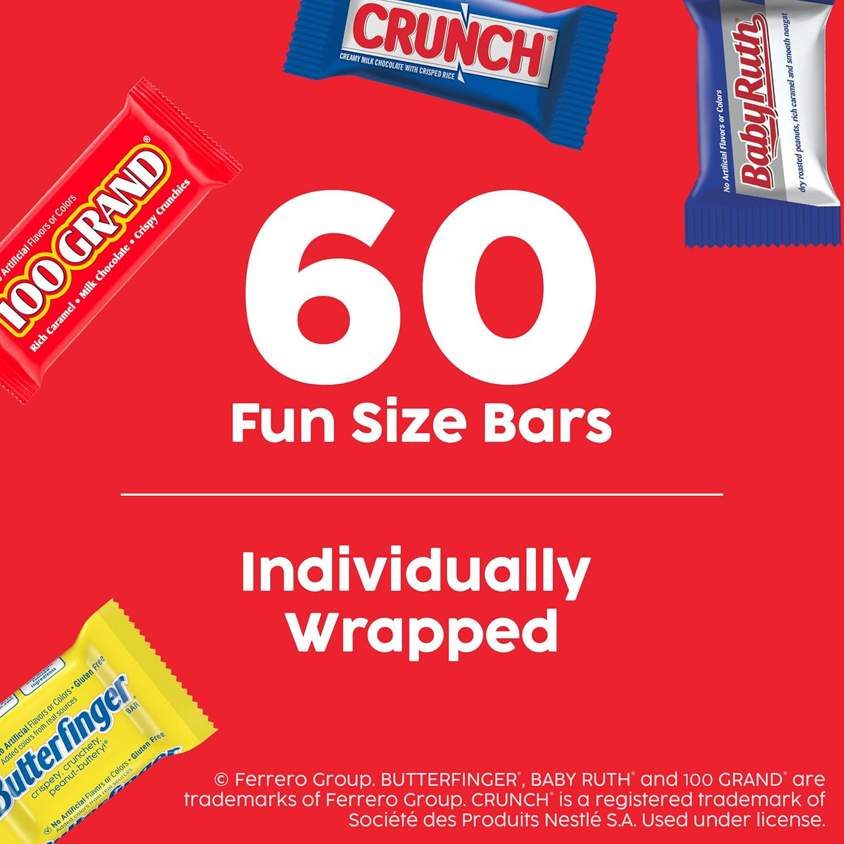 Butterfinger, CRUNCH, Baby Ruth, 100 Grand Fun Size Assorted Candy Bars, Great for Sharing, Bulk 60 Count Pack, 37.2 oz