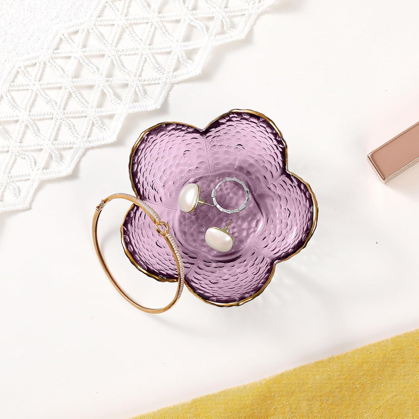 Purple Flower Jewelry Dish Glass Ring Holder Dish Jewelry Tray Cute Vanity Organizer Aesthetic Nightstand Bathroom Room Decor Trinket Dish Valentine's Friendship Christmas Birthday Gifts for Women