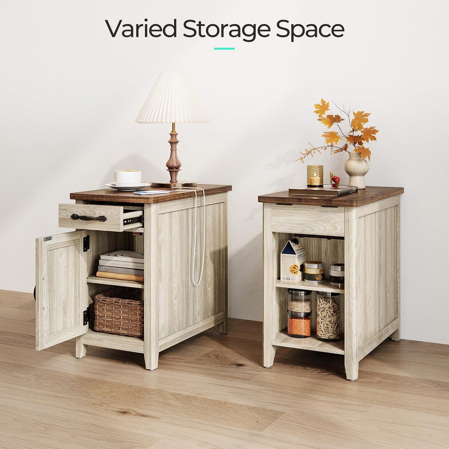 LINSY HOME Farmhouse End Table with Charging Station, Narrow Side Table for Living Room, Sofa Side Table with Drawer and Storage Cabinet, Small Nightstand for Home Office