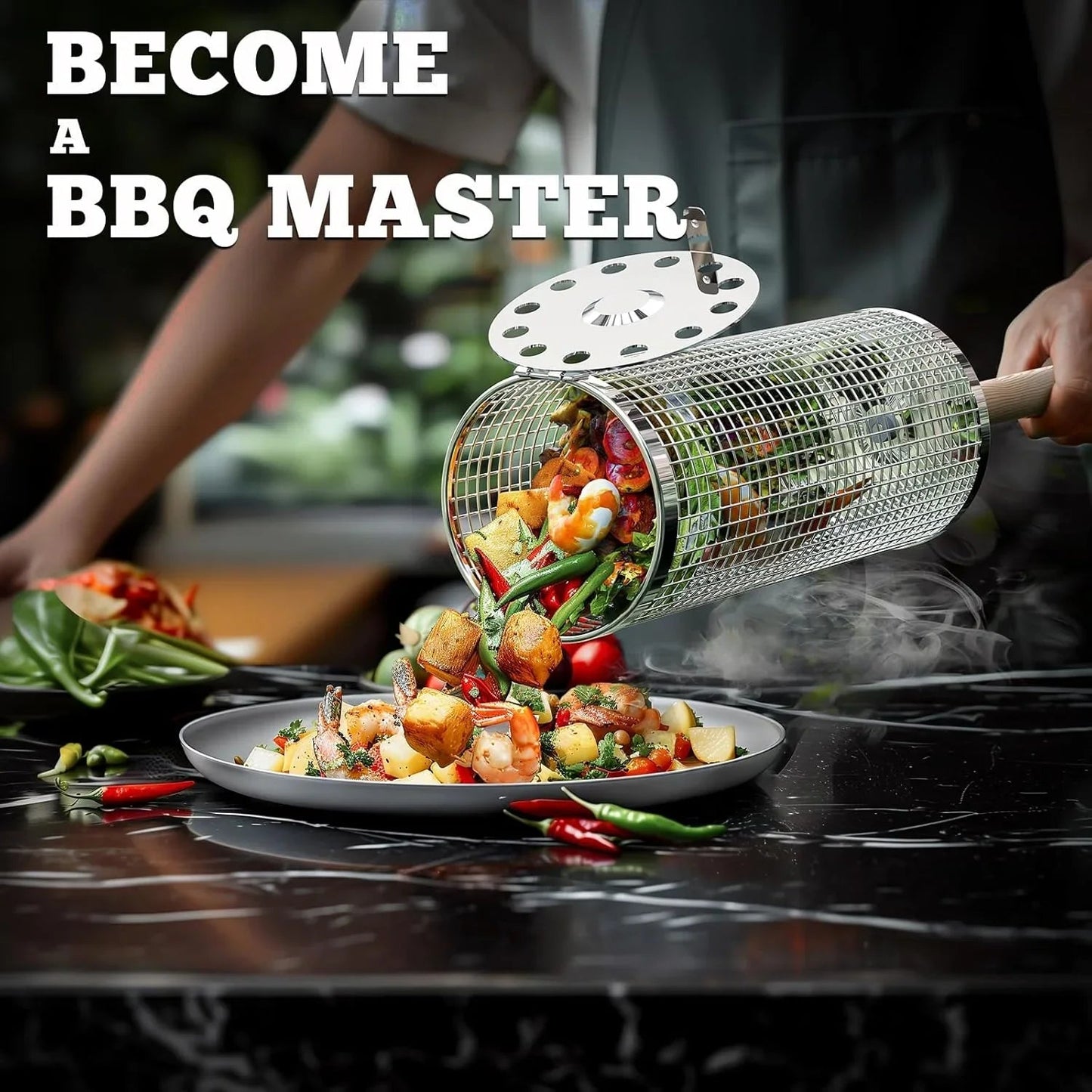 Nesting Grill Baskets (2PCS) with Removable Wooden Handle, Stainless Steel BBQ Tools - Cart Shape