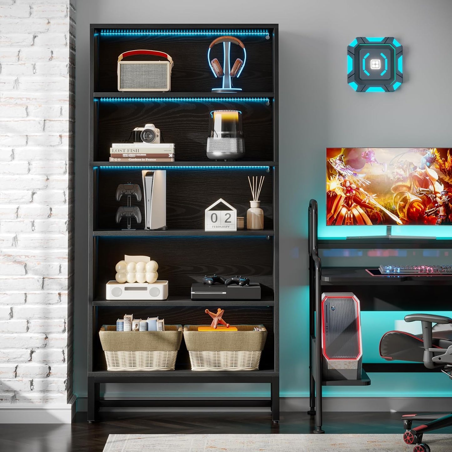 Tribesigns Tall Bookcase Black Bookshelf, 70.8” Large Bookcases Organizer with LED Lights, Heavy Duty Free-Standing Library Bookshelf with 5-Tier Storage Shelves for Living Room, Bedroom (Black)