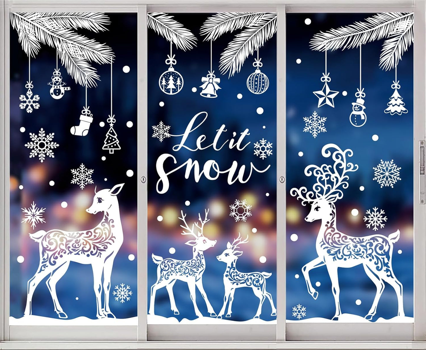 6 Sheet Winter Window Clings White Snowflake Reindeer Pine Branch Christmas Reusable Window Decals for Xmas Winter Party Home School Office Decor