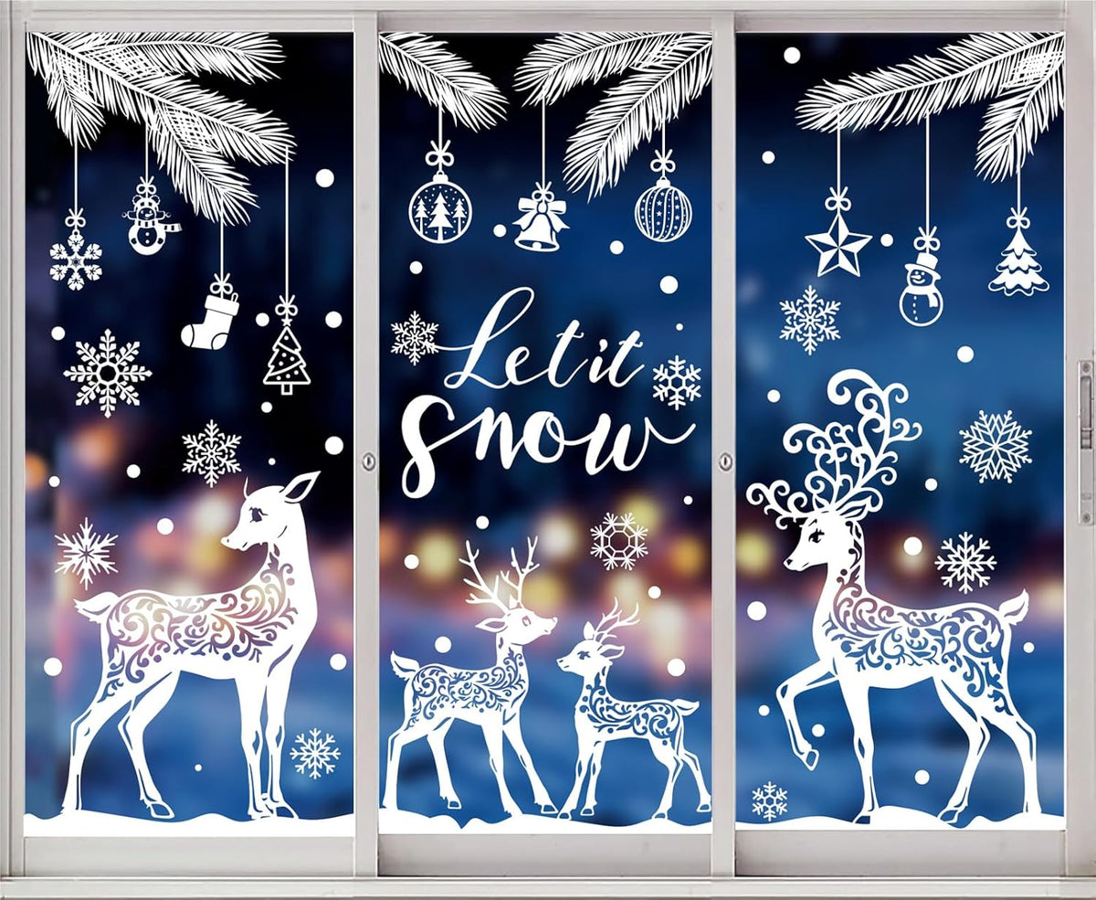 6 Sheet Winter Window Clings White Snowflake Reindeer Pine Branch Christmas Reusable Window Decals for Xmas Winter Party Home School Office Decor