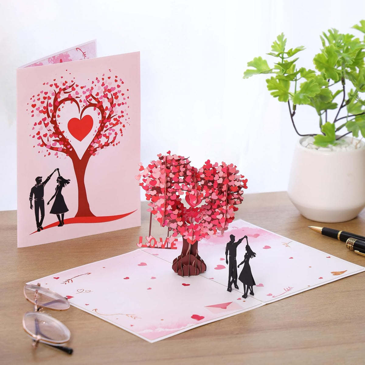 Pop Up Anniversary Card, 3D Love Tree Hearts Couple Wedding Card for Her, Wife, Husband, Him, Couple; Ideal Gift for Wedding, Romantic Birthday, Anniversary, Valentines, Mothers Day, 6x8 inch