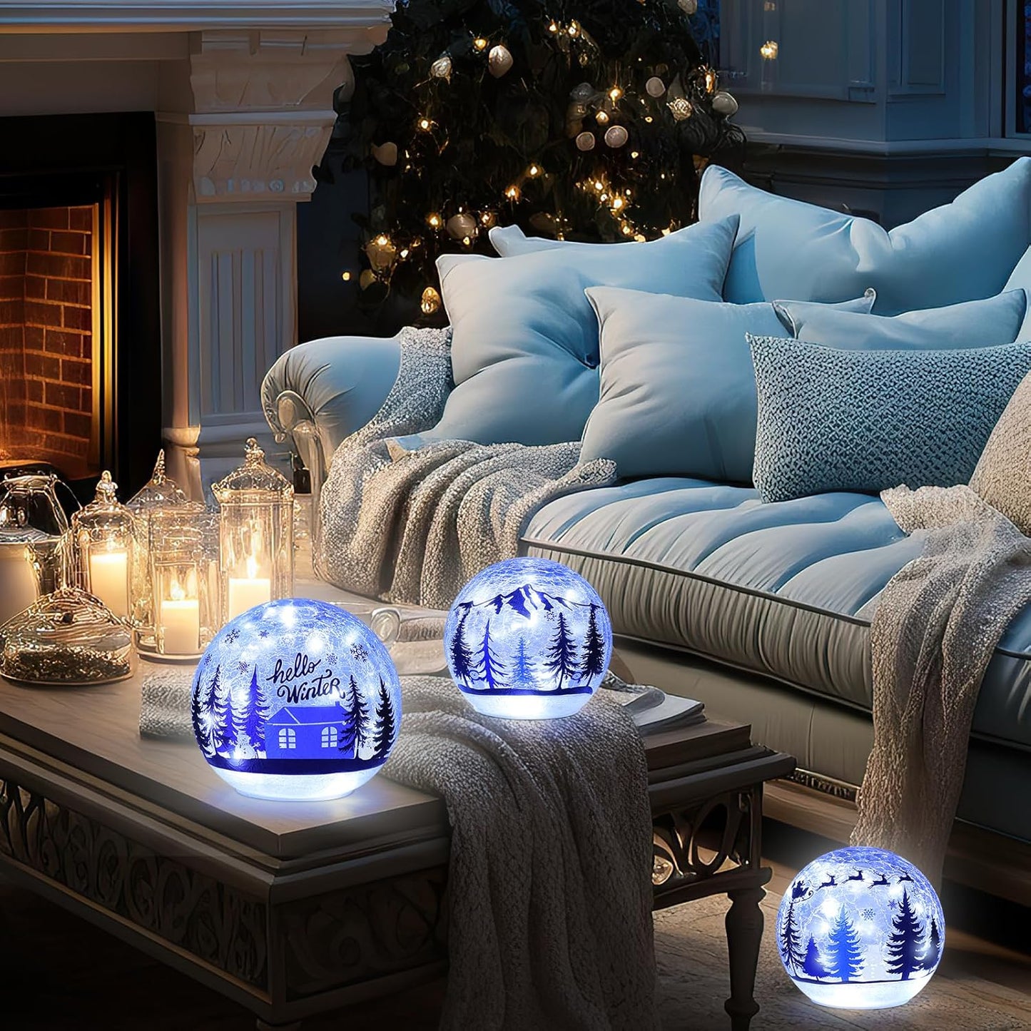 YEAHOME Christmas Decorations Indoor, Set of 3 Crackle Glass Ball with LED Lights Christmas Tree Snowman, Christmas Table Decorations Hello Winter Globes with Timer for Home Mantel Fireplace Decor