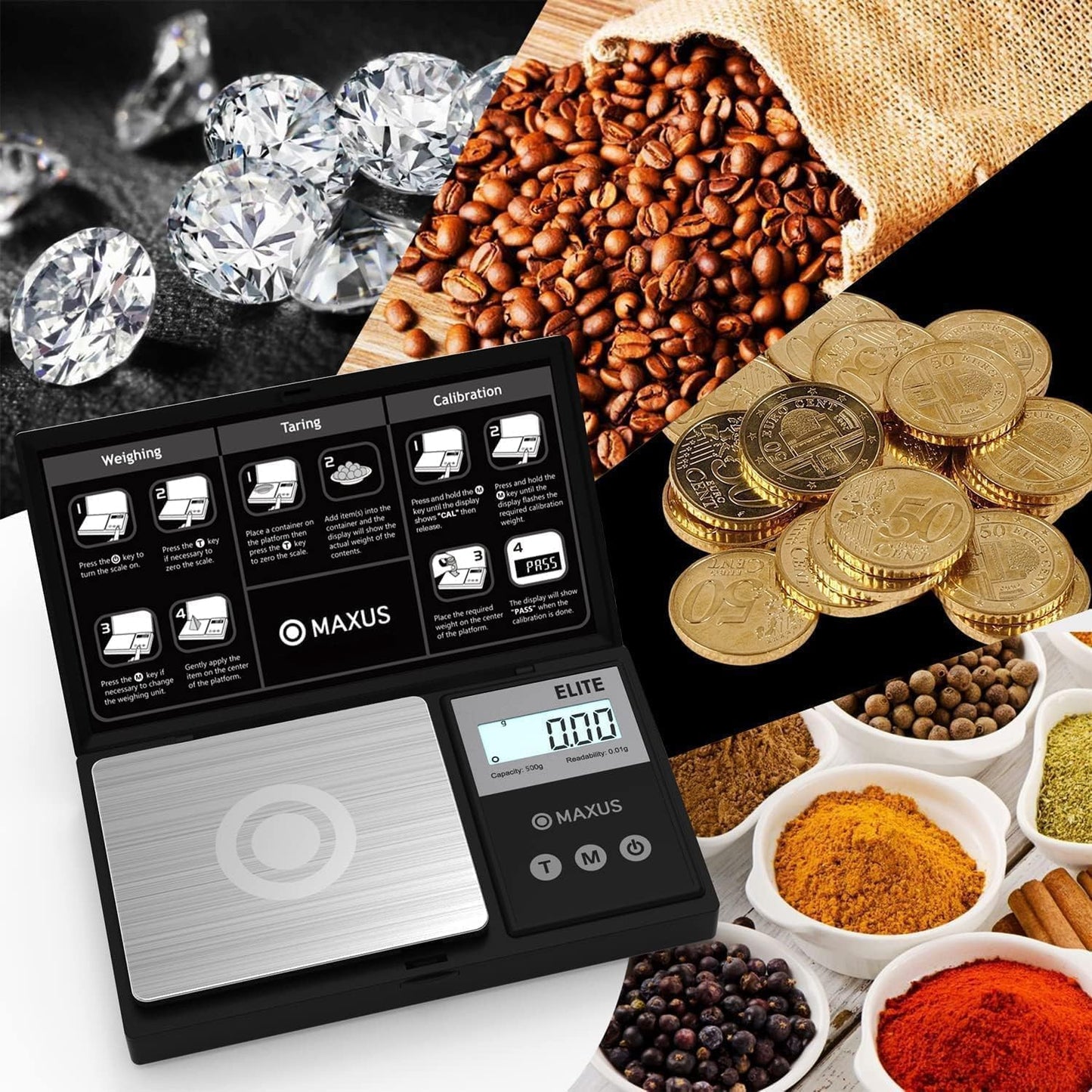 MAXUS Digital Pocket Gram Scale 500g x 0.01g High Precision with Tray, Weighs Small Food, Jewelry, Ounces, Grains, LCD Display, Tare Function