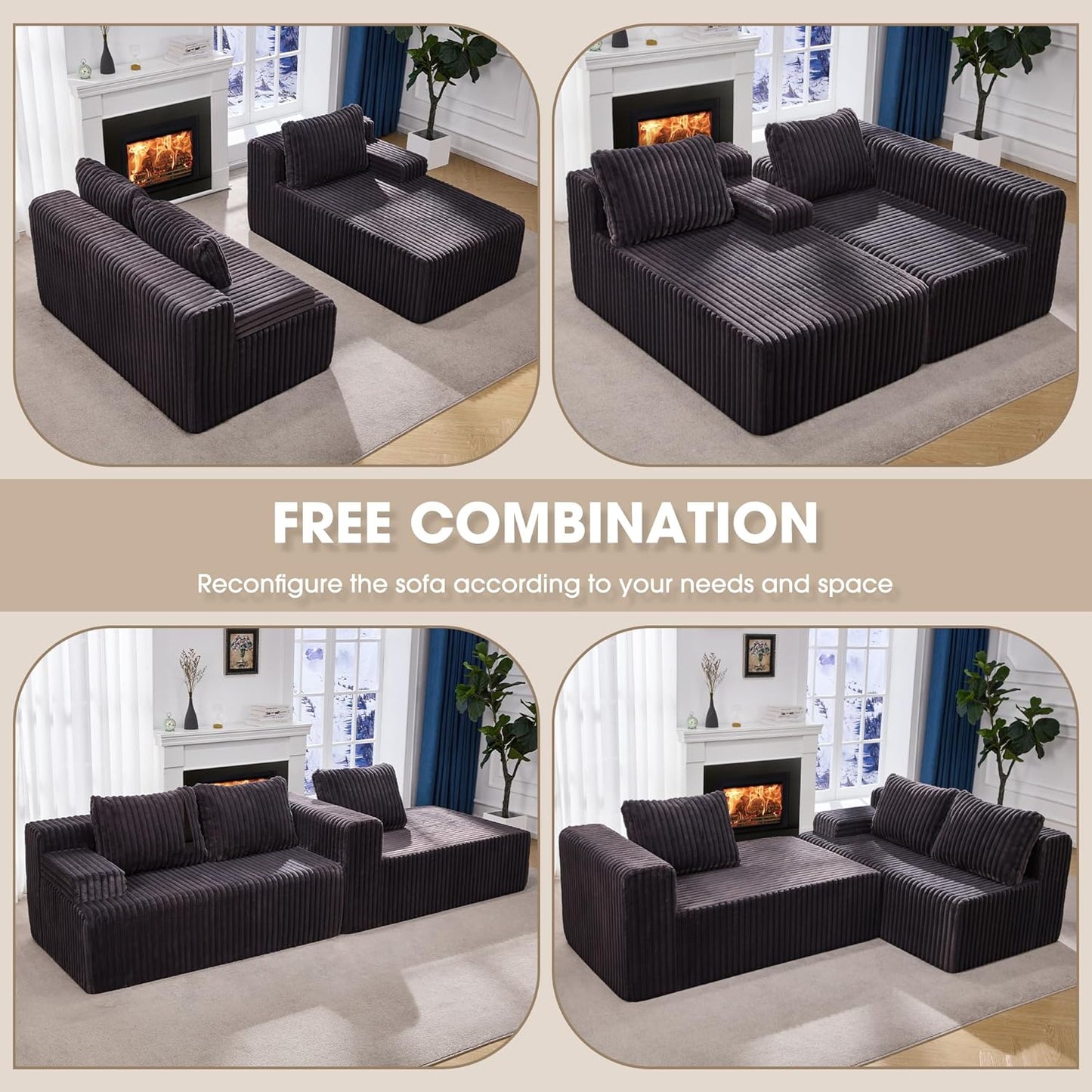 Modular Sectional Sofa Couches L-Shape Couch 3 Seat Modular Sofa Memory Foam Sectional Couches for Living Room, Cloud Couch with Oversized Chaise (Grey Stripe, 96" Right Facing Chaise) | modular