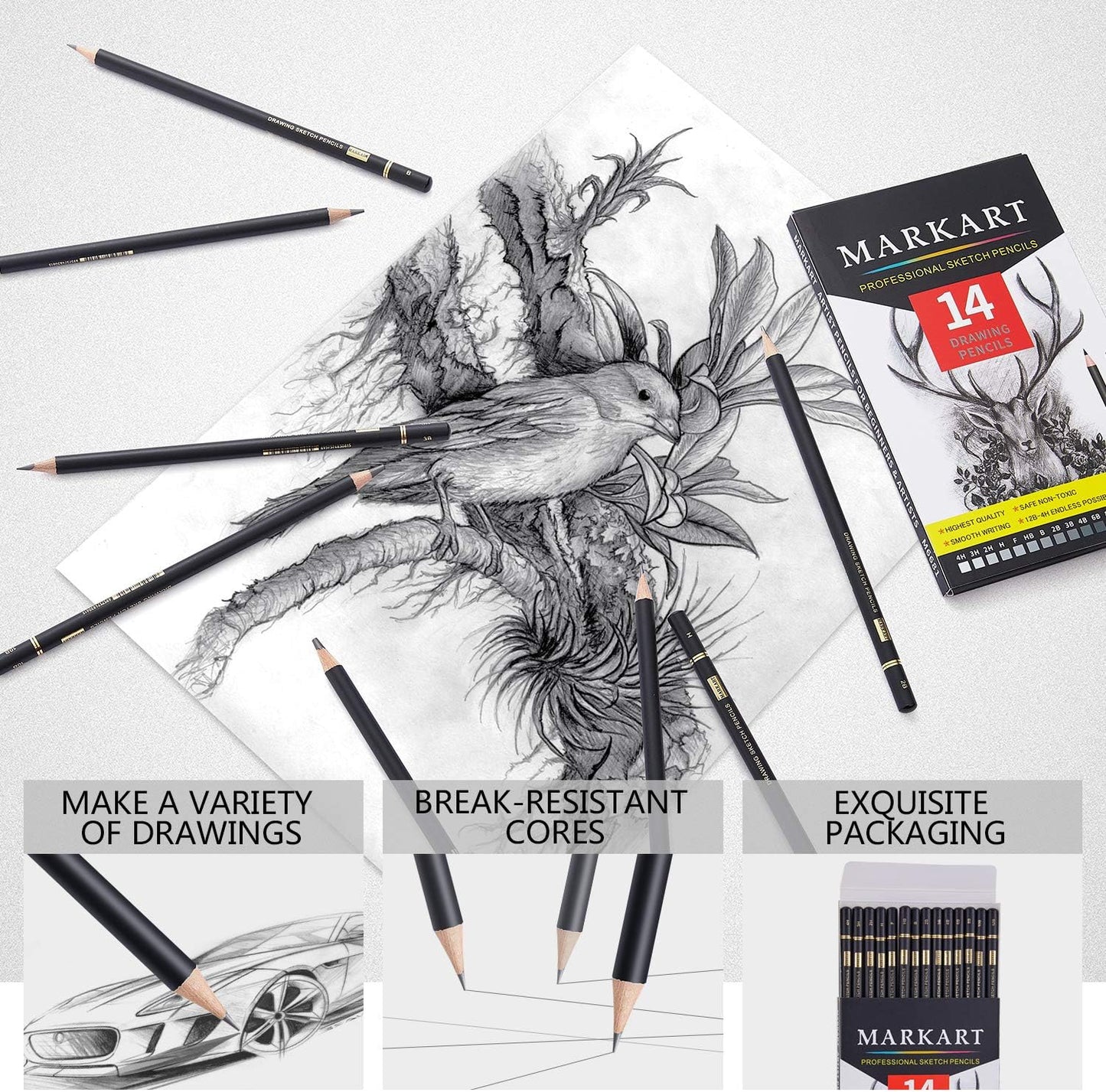 MARKART Professional Drawing Sketching Pencil Set - 14 Pieces,Graphite,(12B - 4H), Ideal for Drawing Art, Sketching, Shading, Artist Pencils for Beginners & Pro Artists