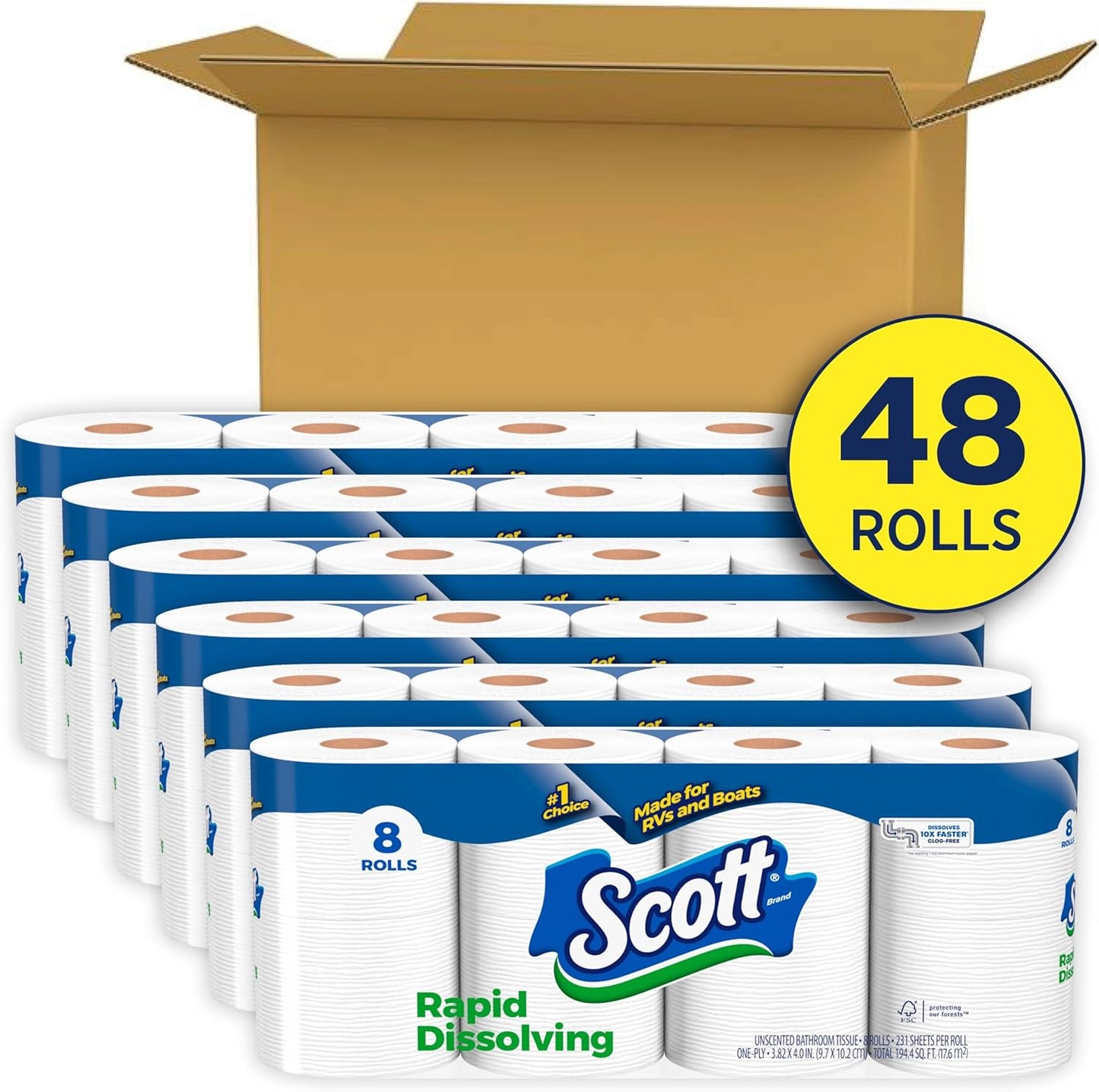Scott Rapid-Dissolving Toilet Paper, 48 Double Rolls (6 Packs of 8), Sustainable, Septic-Safe, Toilet Paper