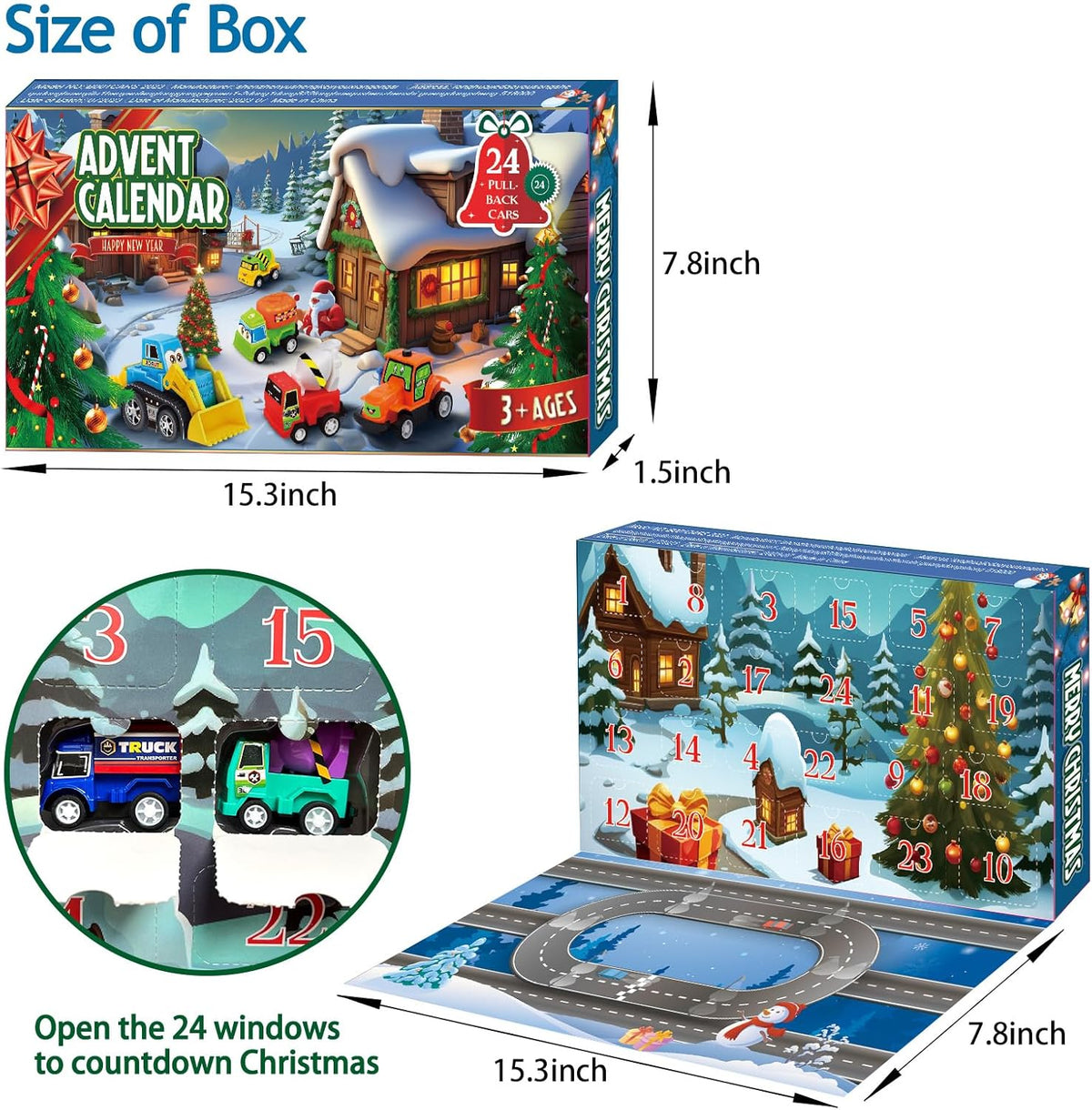 Advent Calendar 2025 for Kids Boys, 24 Days Christmas Countdown Calendar with Pull-Back Cars Vehicles, Holiday Gifts Christmas Advent Calendars Cars Set for Kids Toddlers Boys
