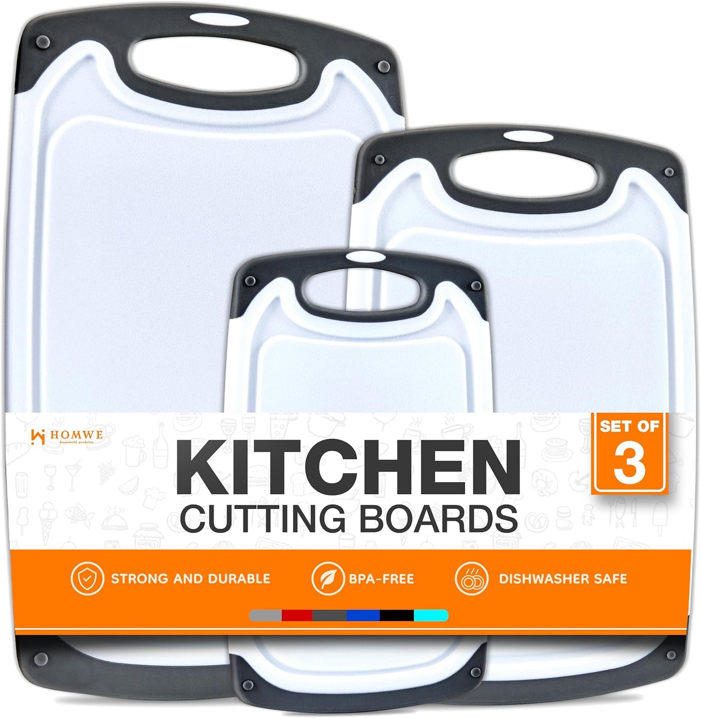 Cutting Boards for Kitchen - BPA-Free Chopping Board - Different Sizes & Non Slip Handles - Reversible, Large Cutting Board Set - Unique Gifts for Cooks Who Have Everything - 3-Pack Gray
