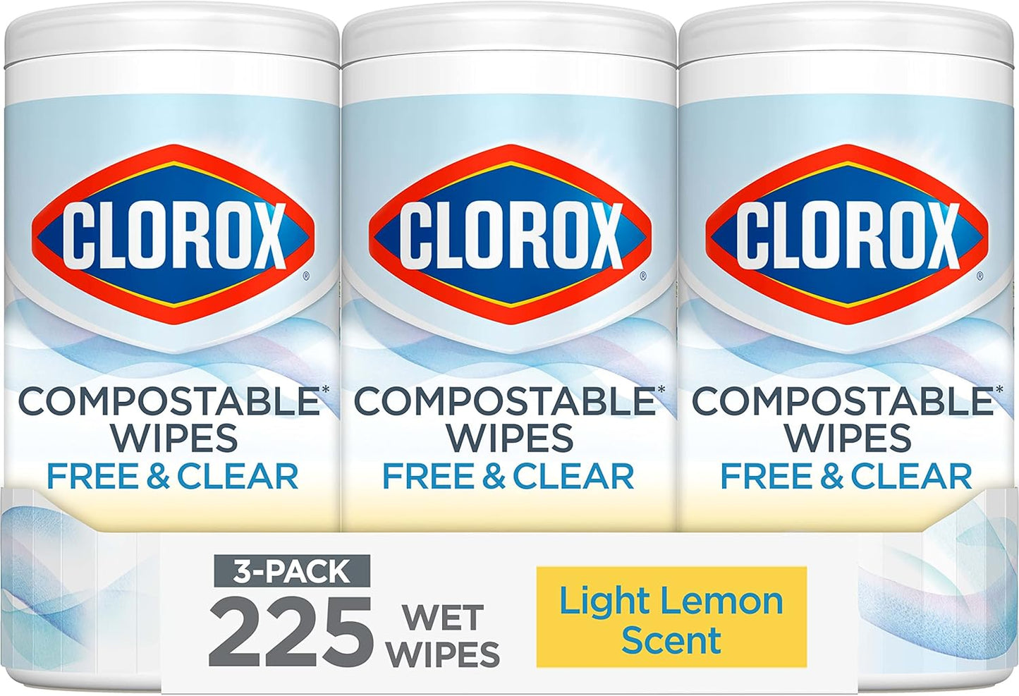 Clorox Free & Clear Compostable Cleaning Wipes, Light Lemon Scent, 75 Count, Pack of 3 (Pack May Vary)