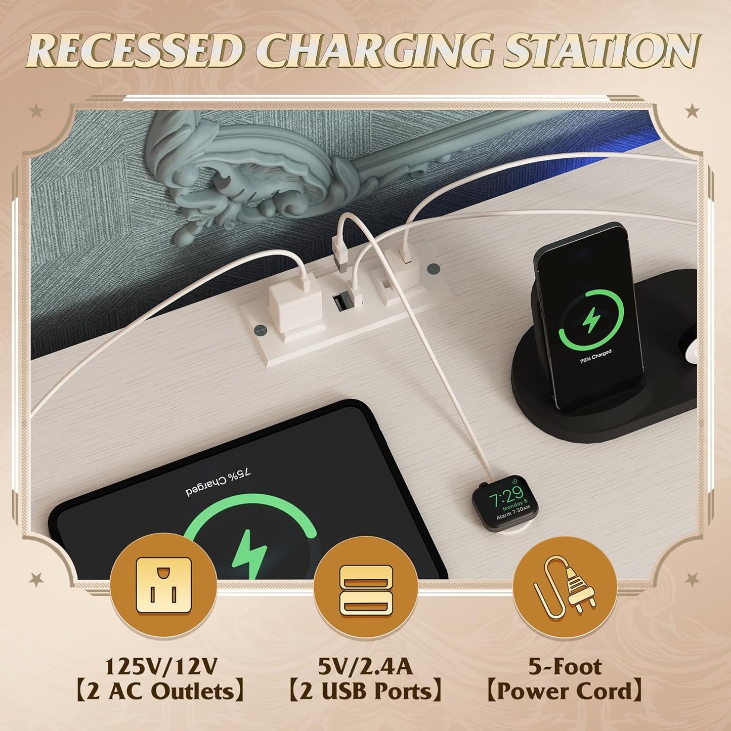 WLIVE White TV Stand for 45, 50, 55 inch TV, Entertainment Center with LED Lights & Charging Station, TV Media Console Table with 8 Fabric Drawers and Open Shelves for Living Room, Hallway, Wood Top